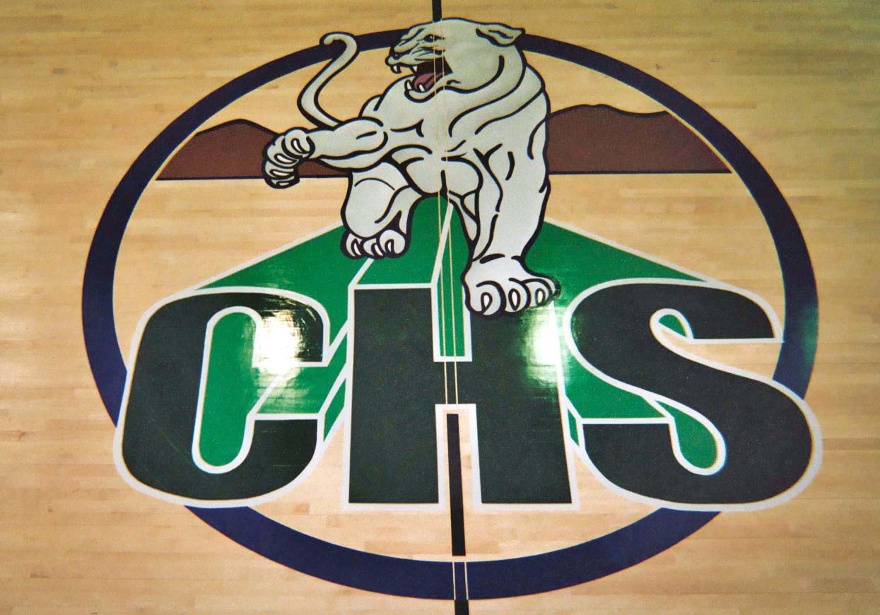 Chaparral High School gym wood floor hand painted graphics
