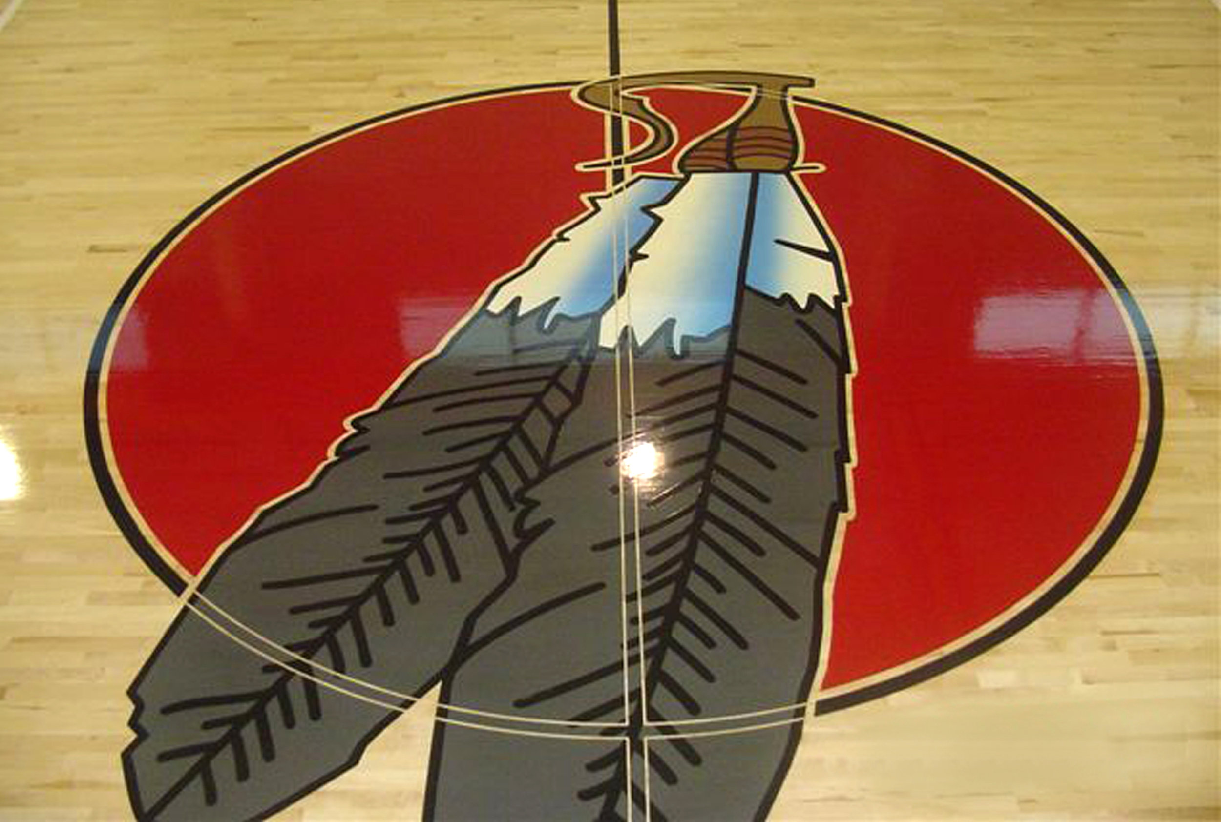 Soboba gym wood floor hand painted graphics