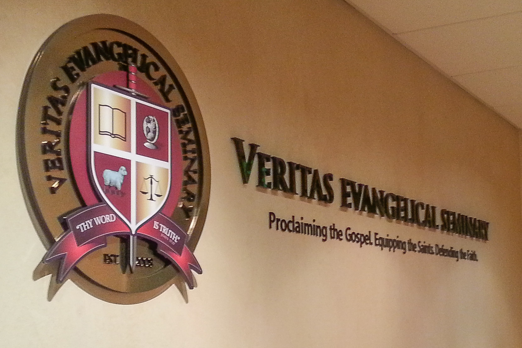 Veritas Evangelical Seminary reception logo sign