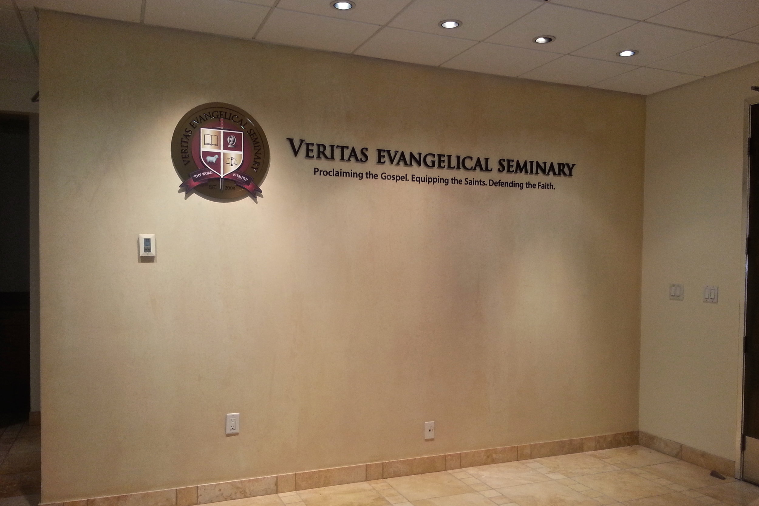 Veritas Evangelical Seminary office reception dimensional letters and logo