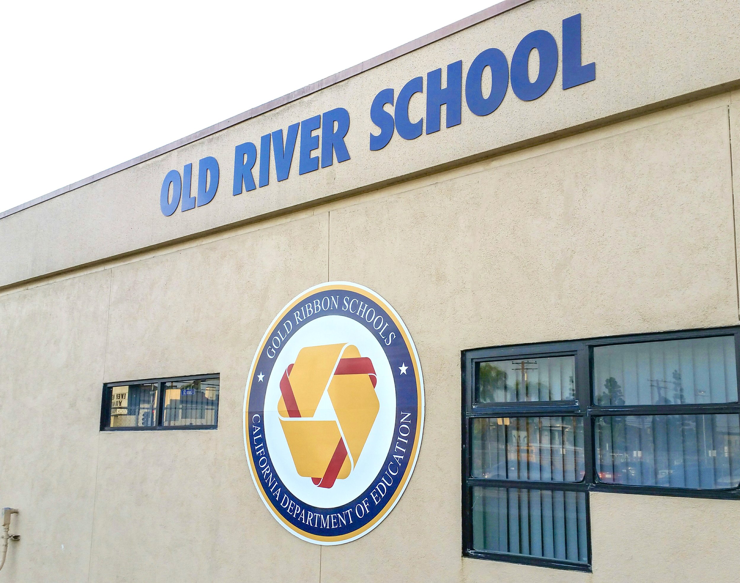 Old River School building wall sign letters