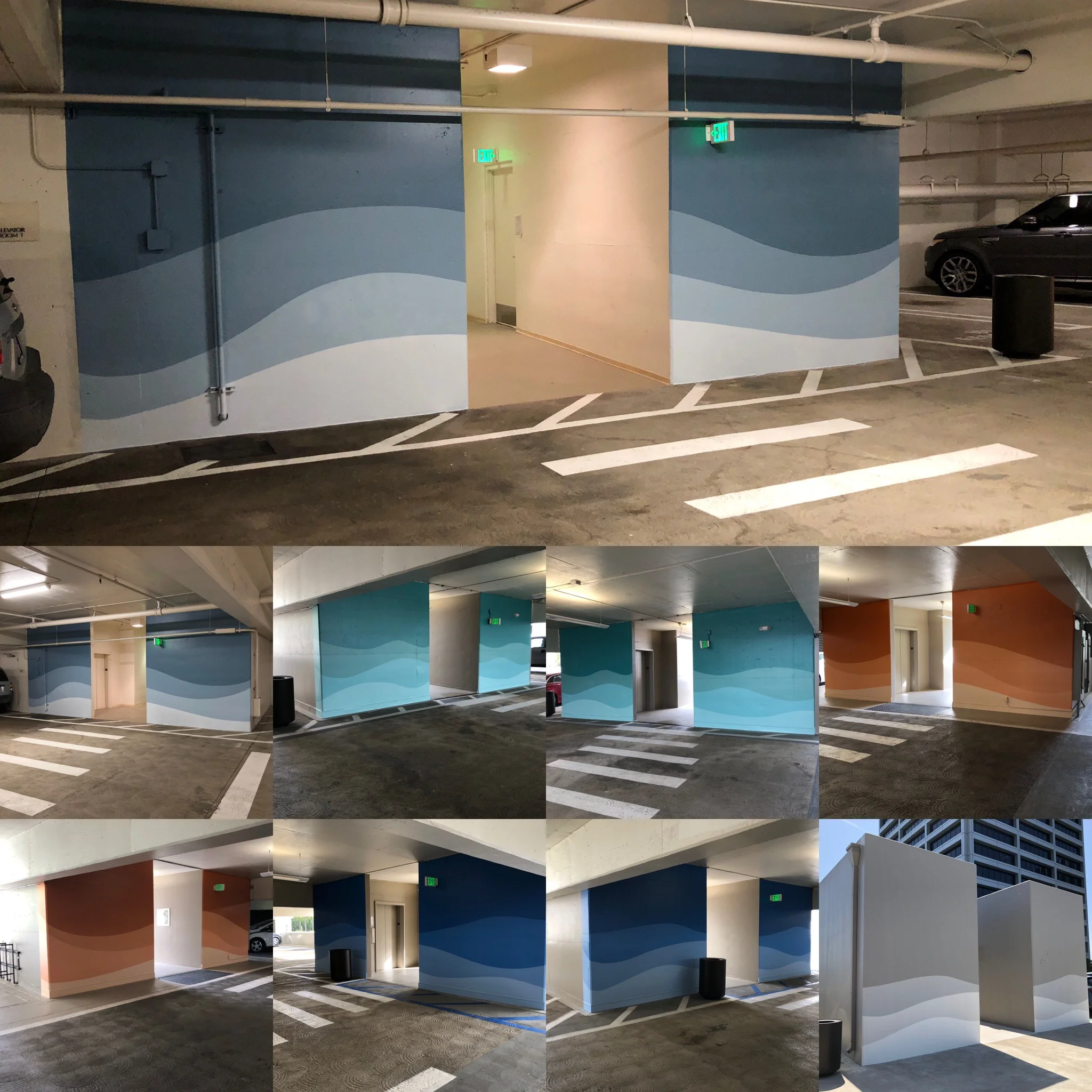 hand painted parking structure way finding graphics