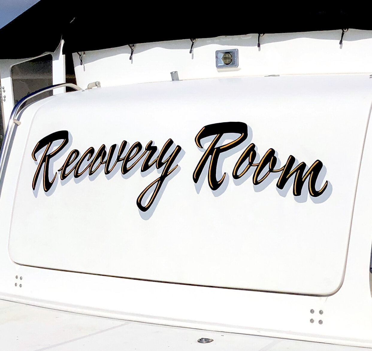 Recovery Room hand painted boat lettering