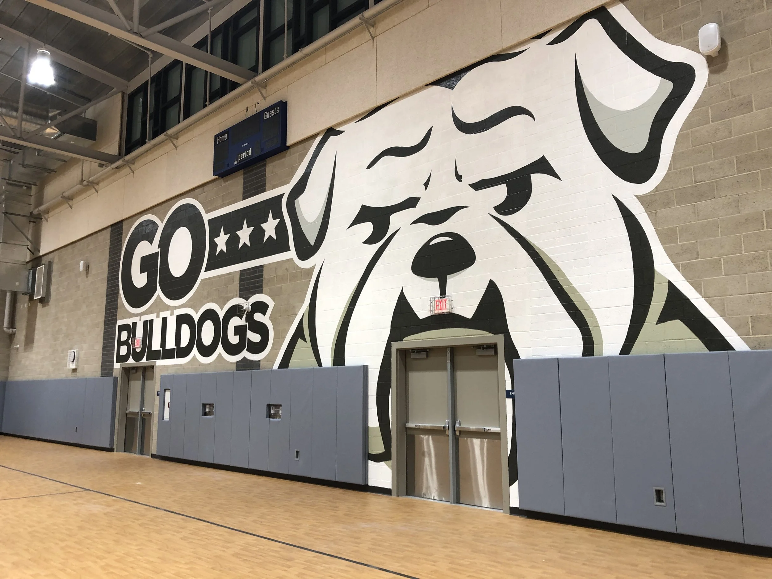 Recent work - school gym hand painted BULLDOG mural