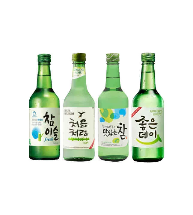 from left to right: CHAM ISEUL Fresh Soju, CHARM Soju, SAAN Soju and CHUM CHURUM Soju.