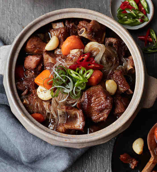  Korean Stewed Pork Ribs with Green Onion Garnish.  Pork Galbi-Jjim. 