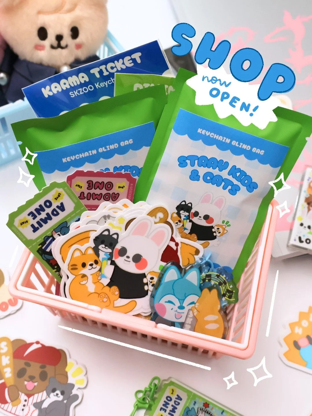 🗣️ ALL WE NEED IS LOVE, DREAMS &amp; CUTE STRAY KIDS SKZOO MERCH 🙂&zwj;↕️🤭✨

What are you getting?!

The shop is now open with our newest SKZOO keychain blind bag, album tickets and stickers! 

We hope you stop by and celebrate 🎉 Stray Kids 8th (