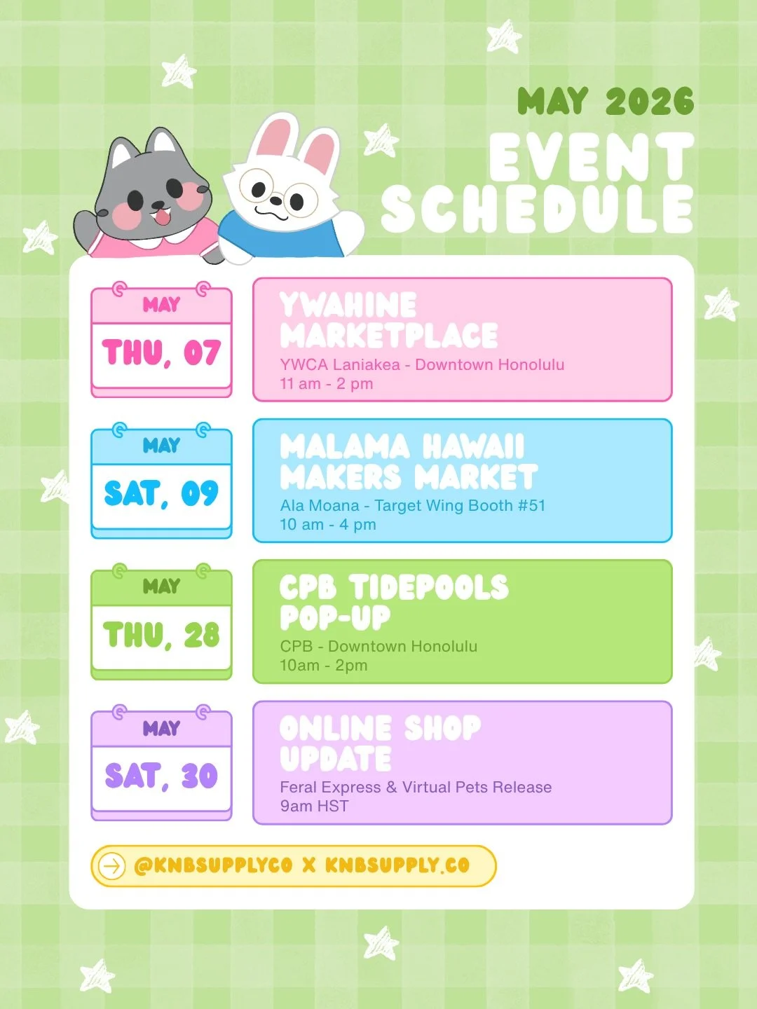 📣 May Event Dates 🗓️ which event are you excited for? 

We have a few In-Person Pop-ups &amp; one Online Release ~ I know some of you have been asking if the JJK inspired Demon Dog clips will be available &amp; the answer is YES 🙌🏼 we will have t