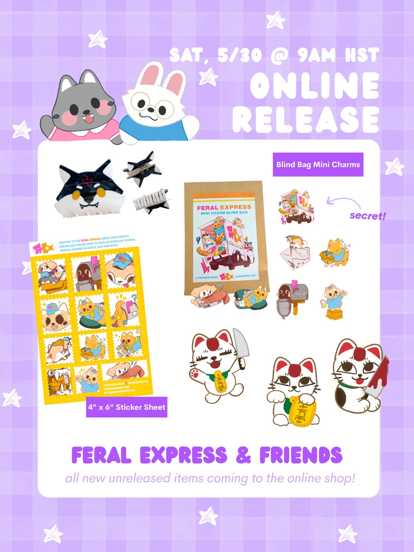 Are you guys ready?  On Saturday we are adding limited quantities of all the unreleased items to our online shop 🛍️✨ 

✏️ What&rsquo;s coming to the shop:
&bull; 🚚💨 Feral Express Keychain Blind Bag
&bull; 🚚💨 Feral Express Sticker Sheet
&bull; 🐕