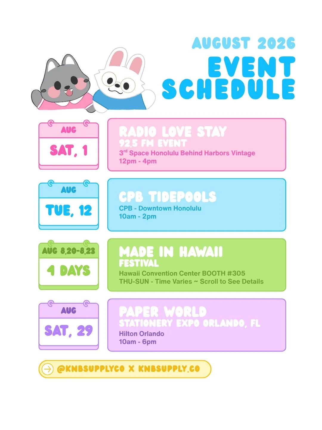 🗓️ August Schedule is here! 
Starting us off with a day to celebrate STAYS Birthday 🎂🤭 come see us at @3rdspacehonolulu with @modernenchantment x @sorryiloveyu for a fun little celebration event of all the @realstraykids baby STAYS this Saturday, 