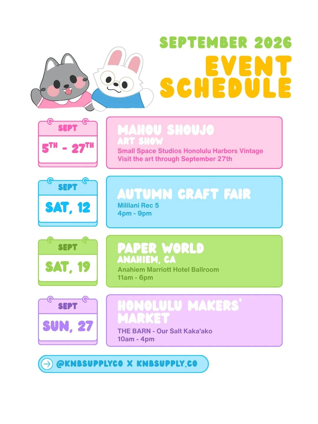 ✏️🗓️ Save the dates for 🍂SEPTEMBER🍂 ~ come find us at our different events throughout the month!

From Mililani, to Kaka&rsquo;ako and event Anaheim 🤭

I&rsquo;ve also had the honor and privilege of being a part of another art 🖼️ show hosted by 