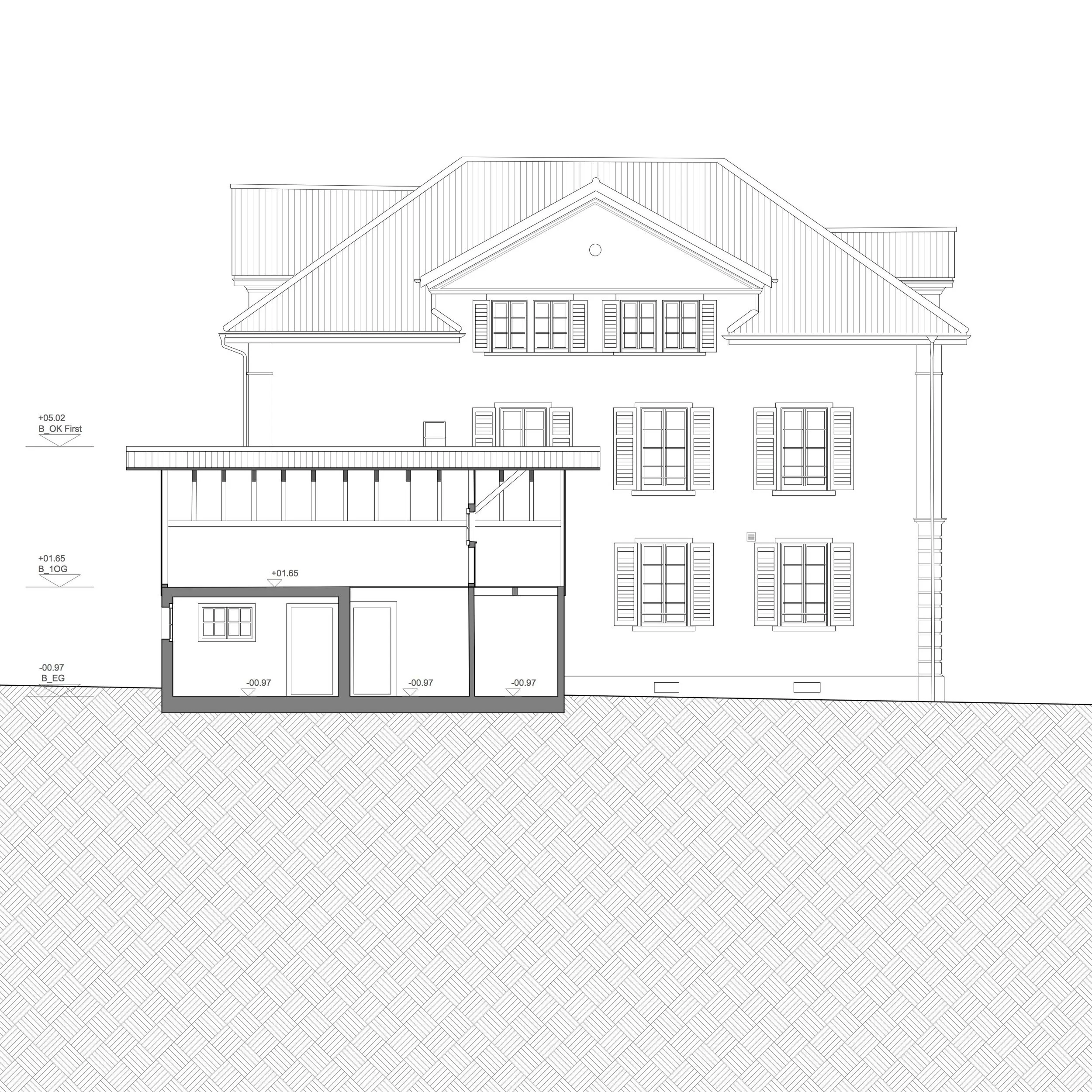  Fassade und Schnitt durch den Schopf 