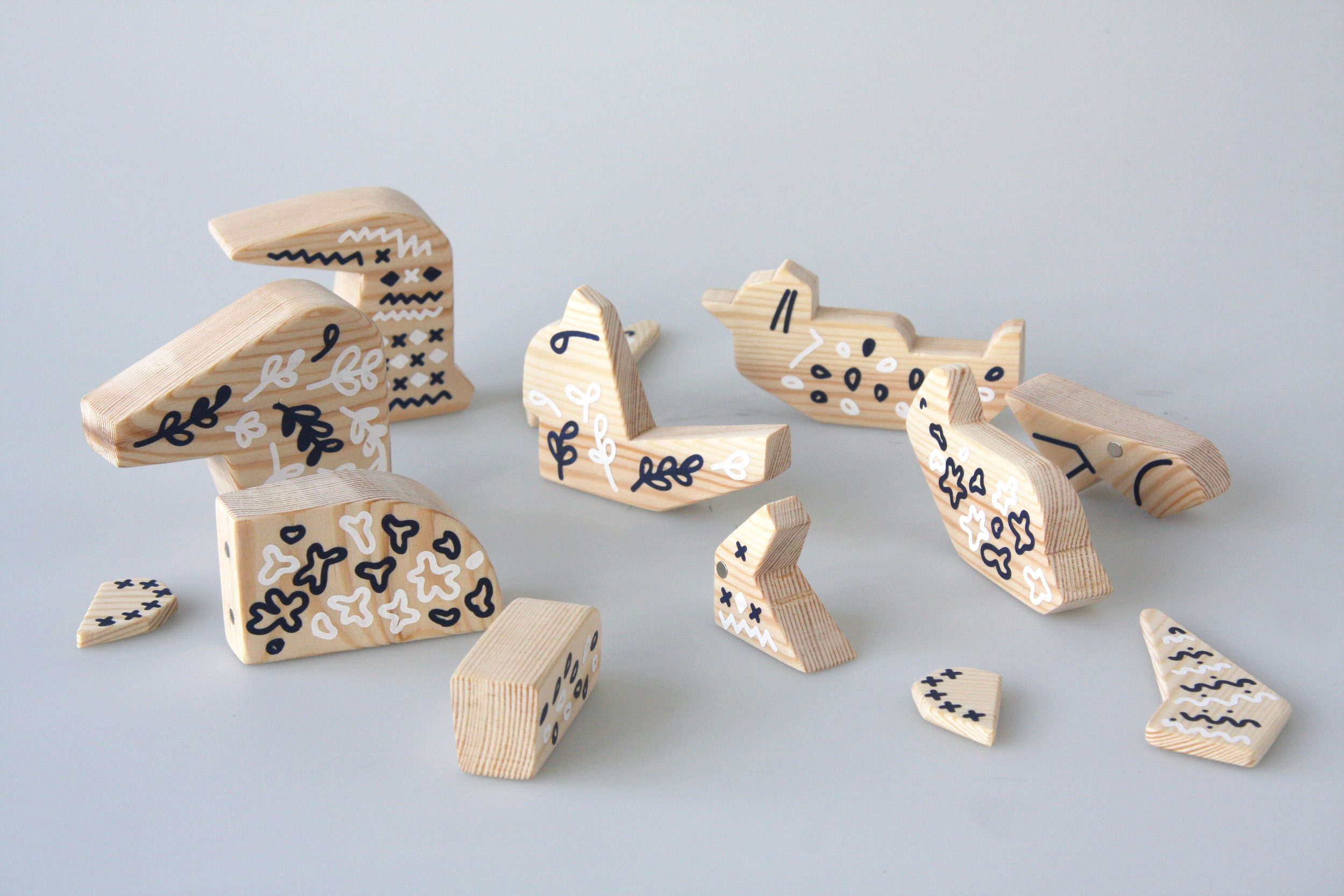 Each animal has a series of magnets that allow them to disassembled and be reorganized between each other to create new fantastical creatures. 