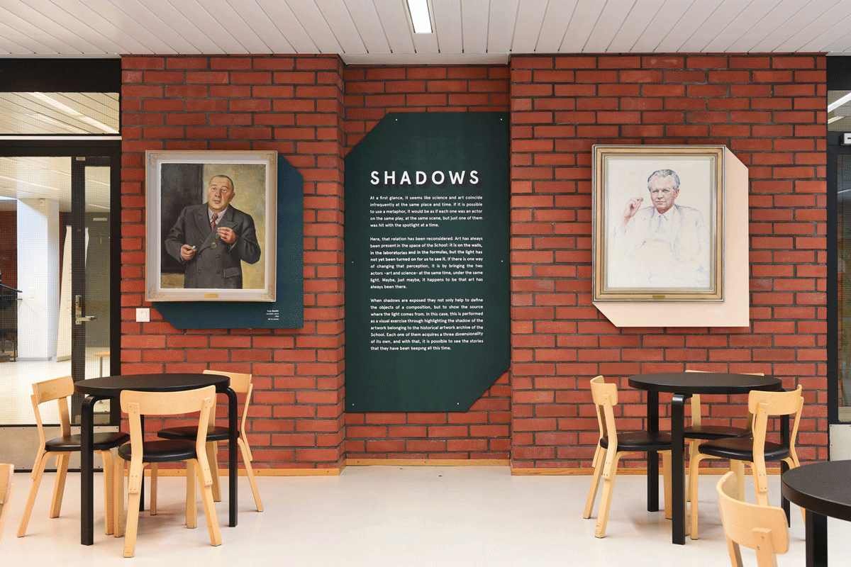 Located in the lobby of an Alvar Aalto building in the middle of the University Campus, the exhibition is designed, both conceptually and visually, to cast a shadow on the artwork to highlight its existence.