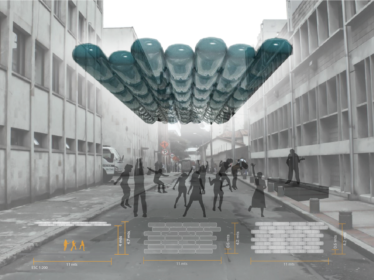 Infiltrations is an urban strategy that pretends reconcile segregated populations in Bogotá by introducing 15 inflatable spaces that appear and disappear in time and place as the time of the year passes.