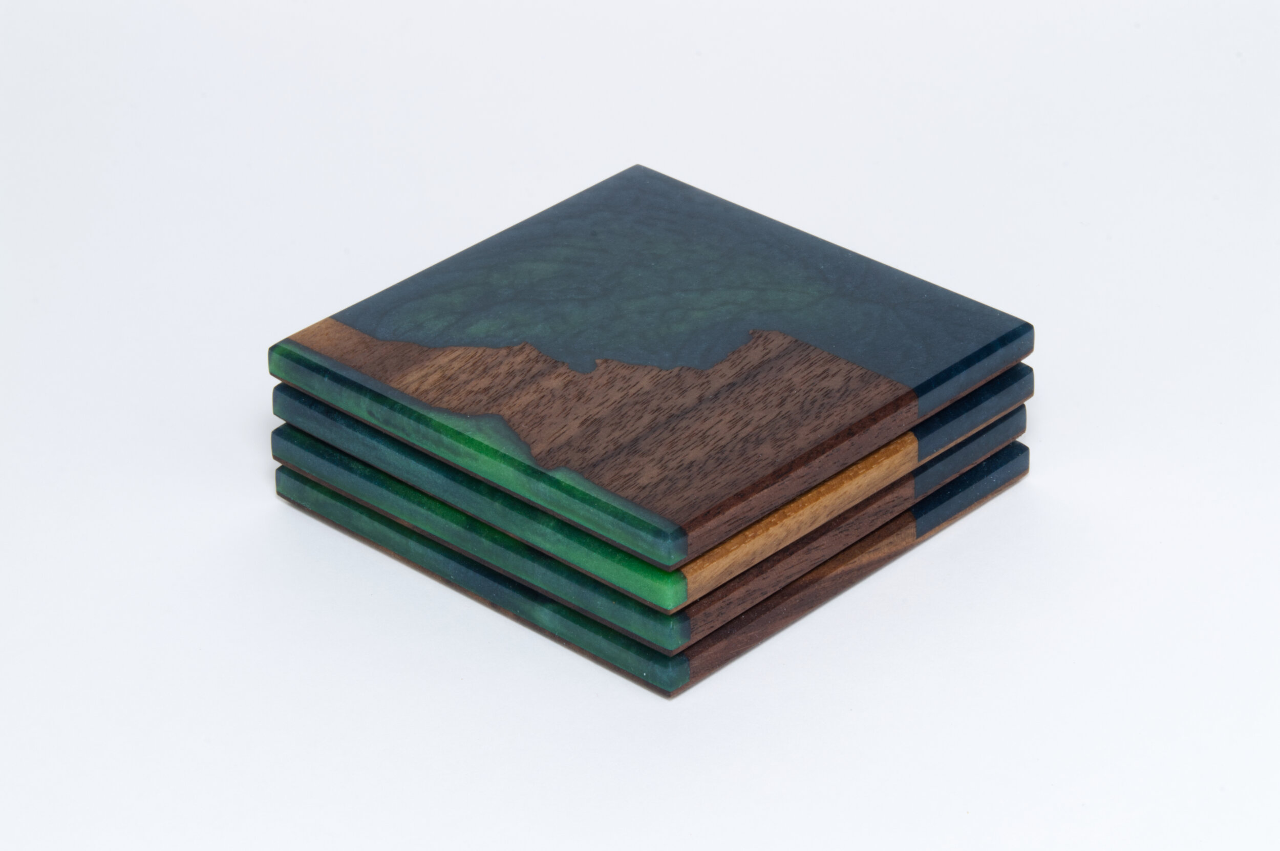 Walnut with Blue and Green Epoxy Idaho Coasters (Set of 4)