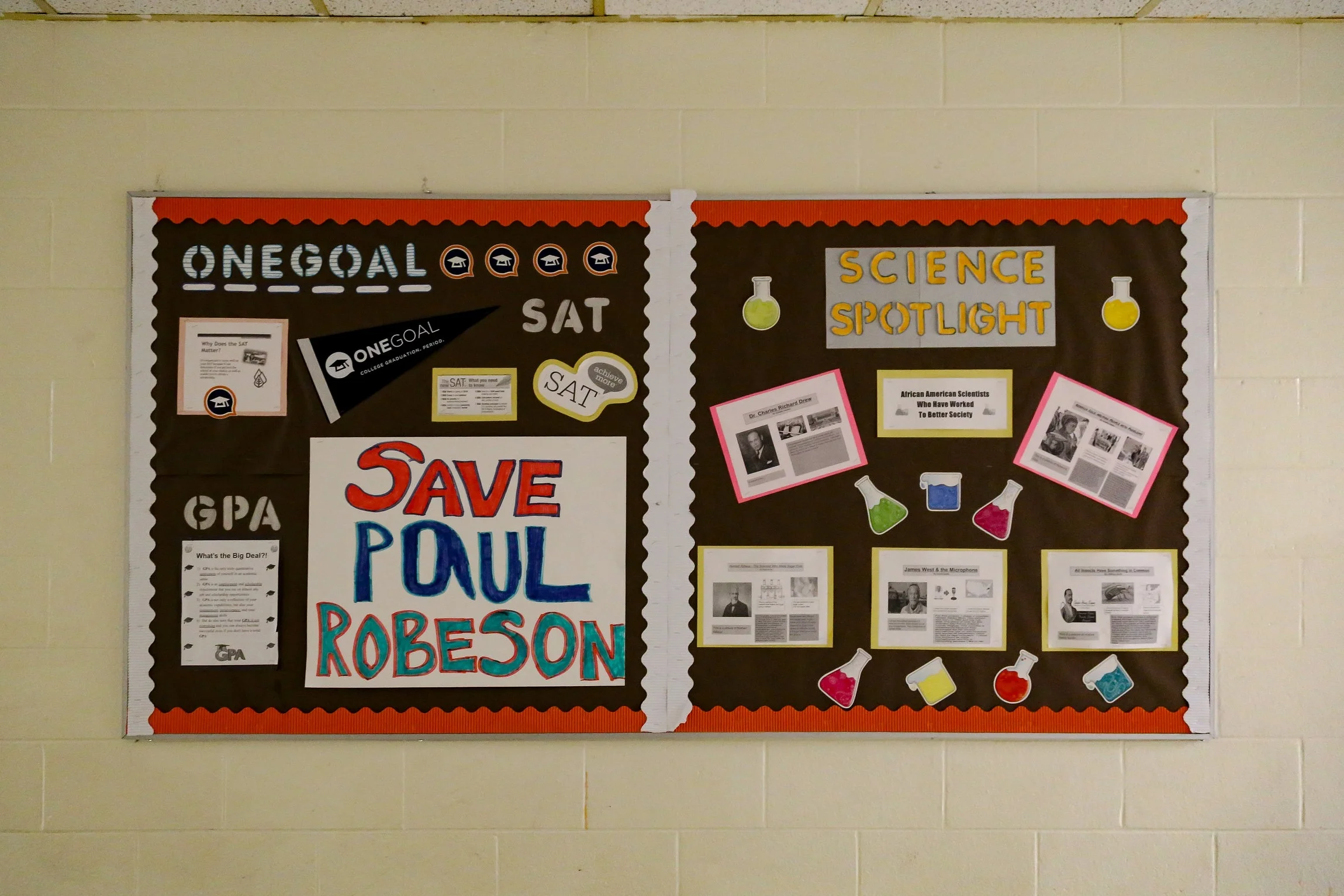 One of the many decorated bulletin boards that covered the many walls of Robeson High School before the building was closed and torn down. Photo: Olivia Obineme
