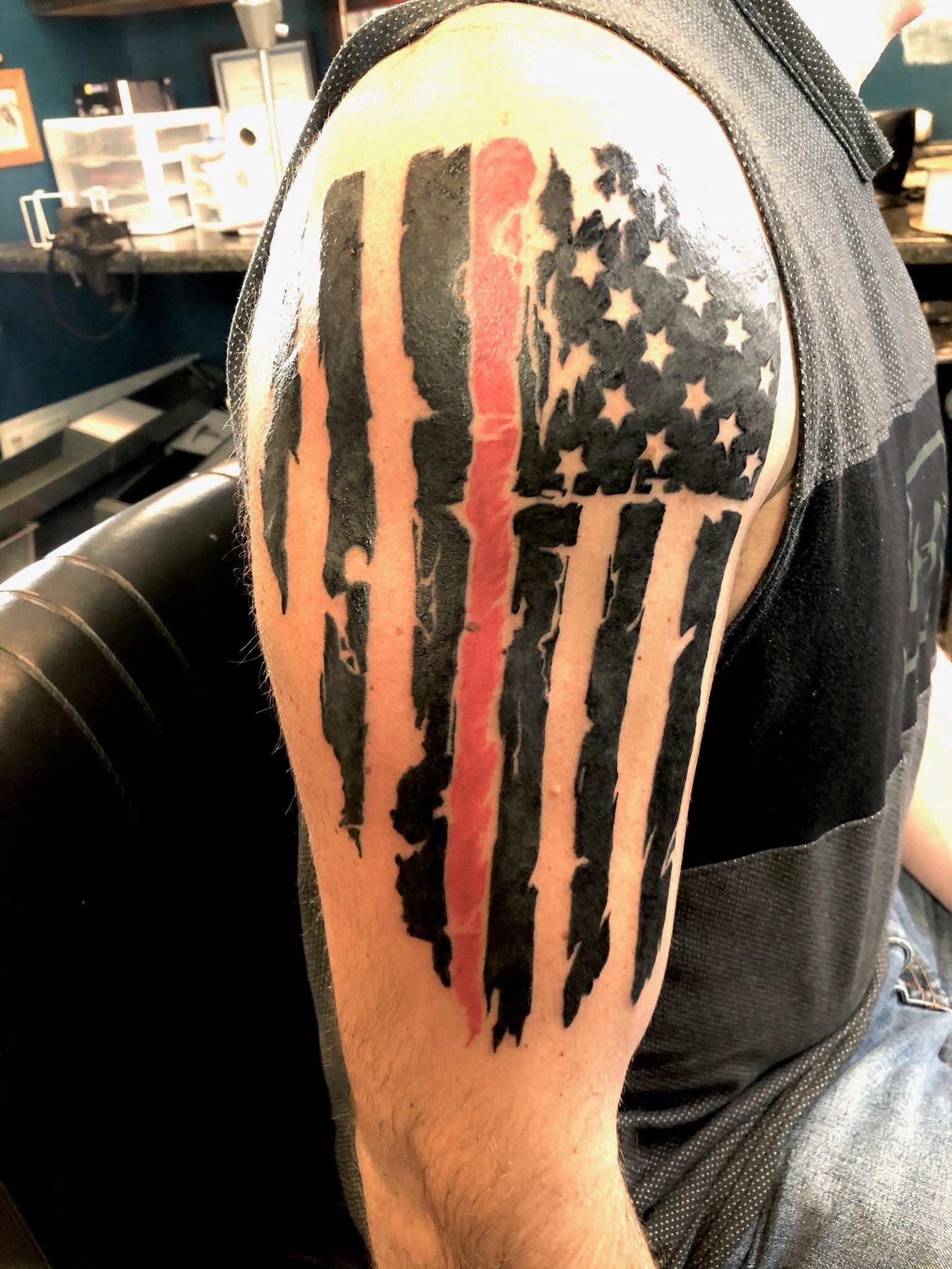 Tattoo uploaded by Sean Ambrose  Custom blueline tattoo by Sean Ambrose  of Arrows and Embers Tattoo in NH Thank you to all of our service men and  womenfirst responders police blue 