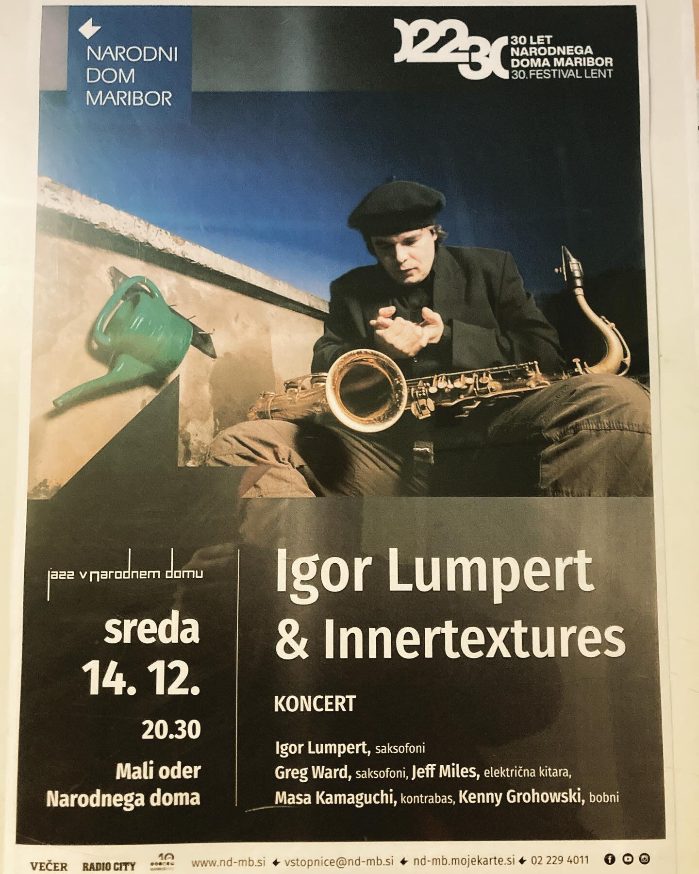 Tonight Innertextures with @fittedphonic on alto sax, @kennygrohowski on drums and @masabilly on bass at Narodni Dom in Maribor, Slovenia. We hit at 20:30.Hope to see you.#igorlumpertontour #kennygrohowski#gregward #cleanfeed#igorlumpert