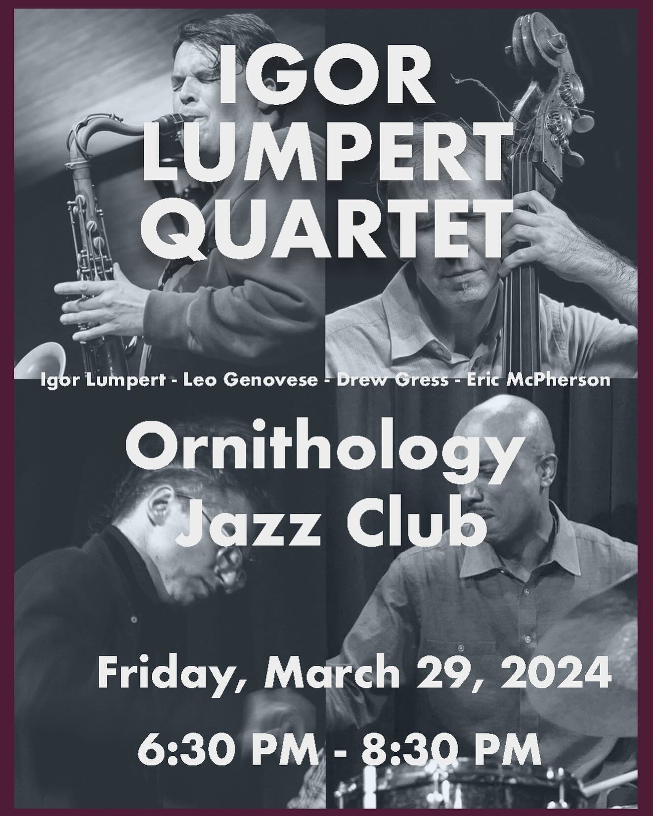 Hitting with this incredible musicians tmrw night at @ornithologyjazzclub. 6:30pm-8:30. @leogenovesepiano on piano,@drewskimagic on bass and @eric.mcpherson.9279 on drums
#leogenovese #innertexturestour #igorlumpert #iamthespiritoftheearth #cleanfeed