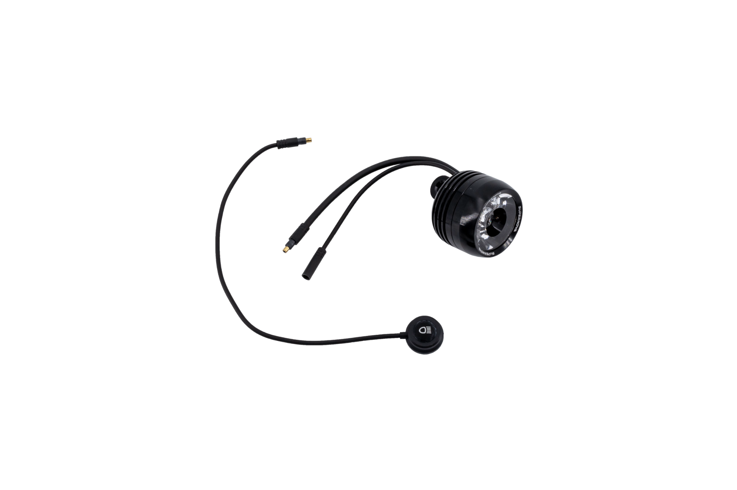 A black cycling or motorcycle headlight with attached wiring and a small black earpiece or microphone on a white background.