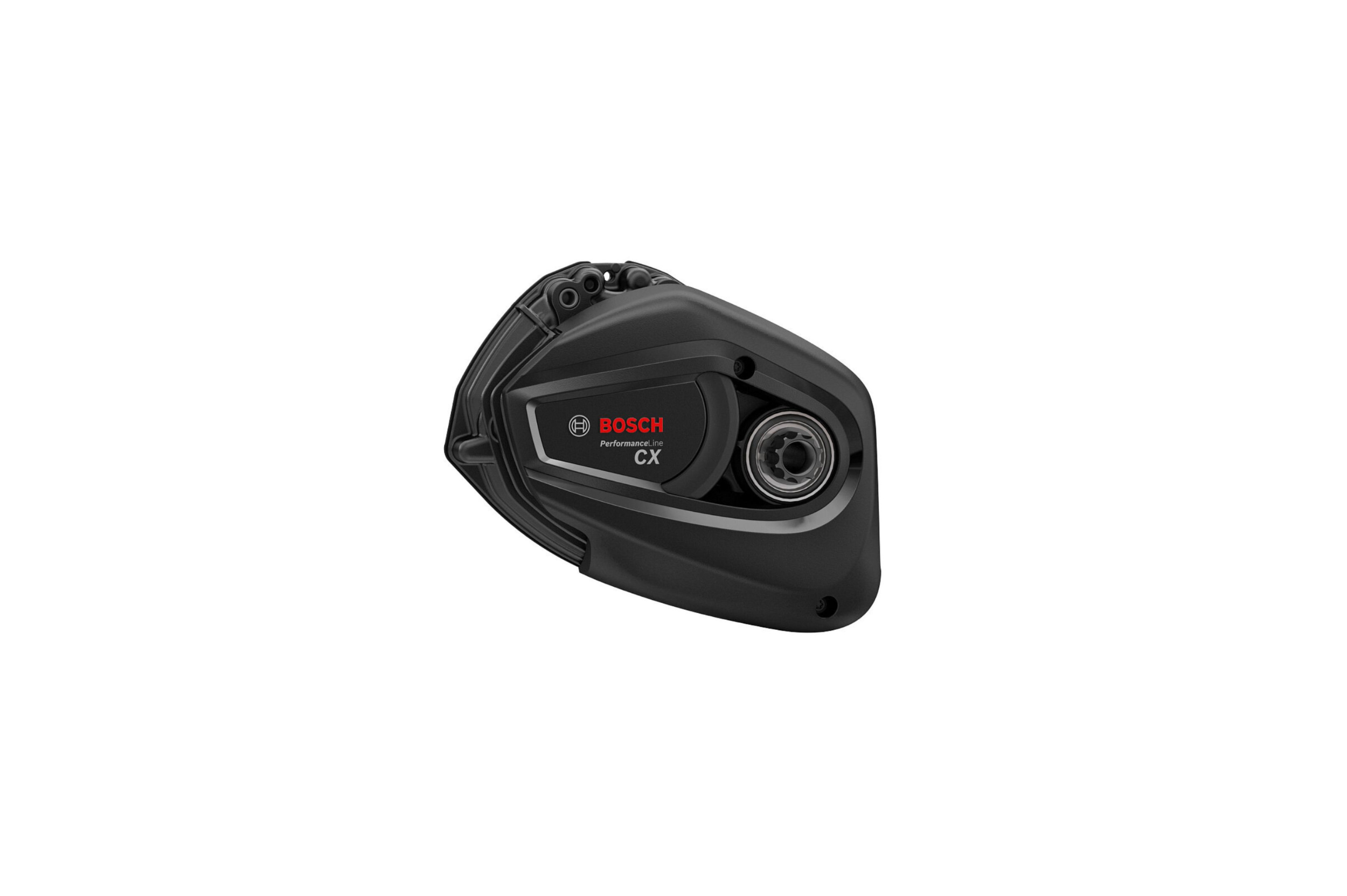 A Bosch Performance Line CX e-bike motor with branding, black in color, against a white background.