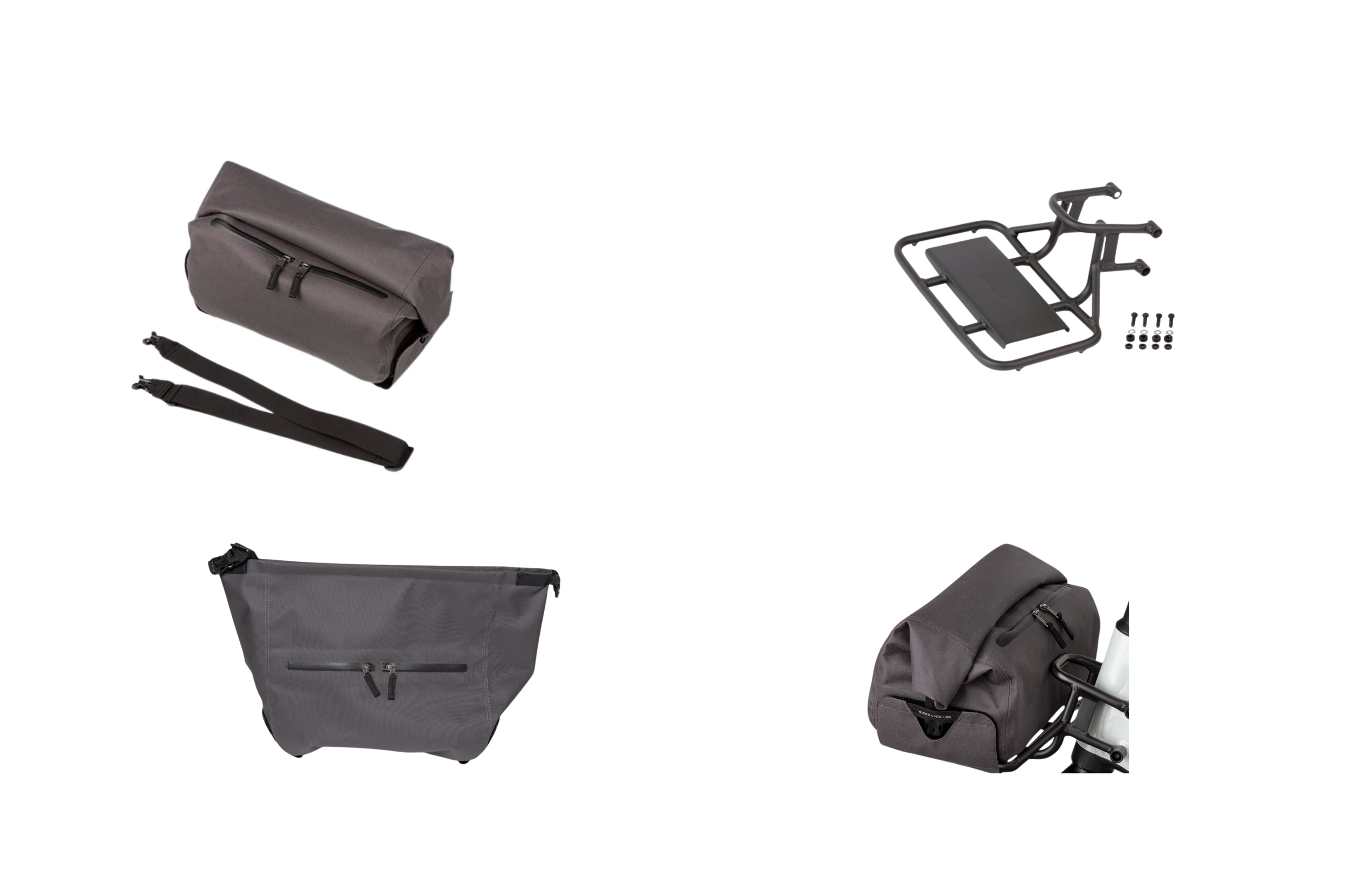 Collection of gray travel accessories and parts for assembling a bicycle or scooter, including a bag, a frame with a seat, and various mounting hardware.