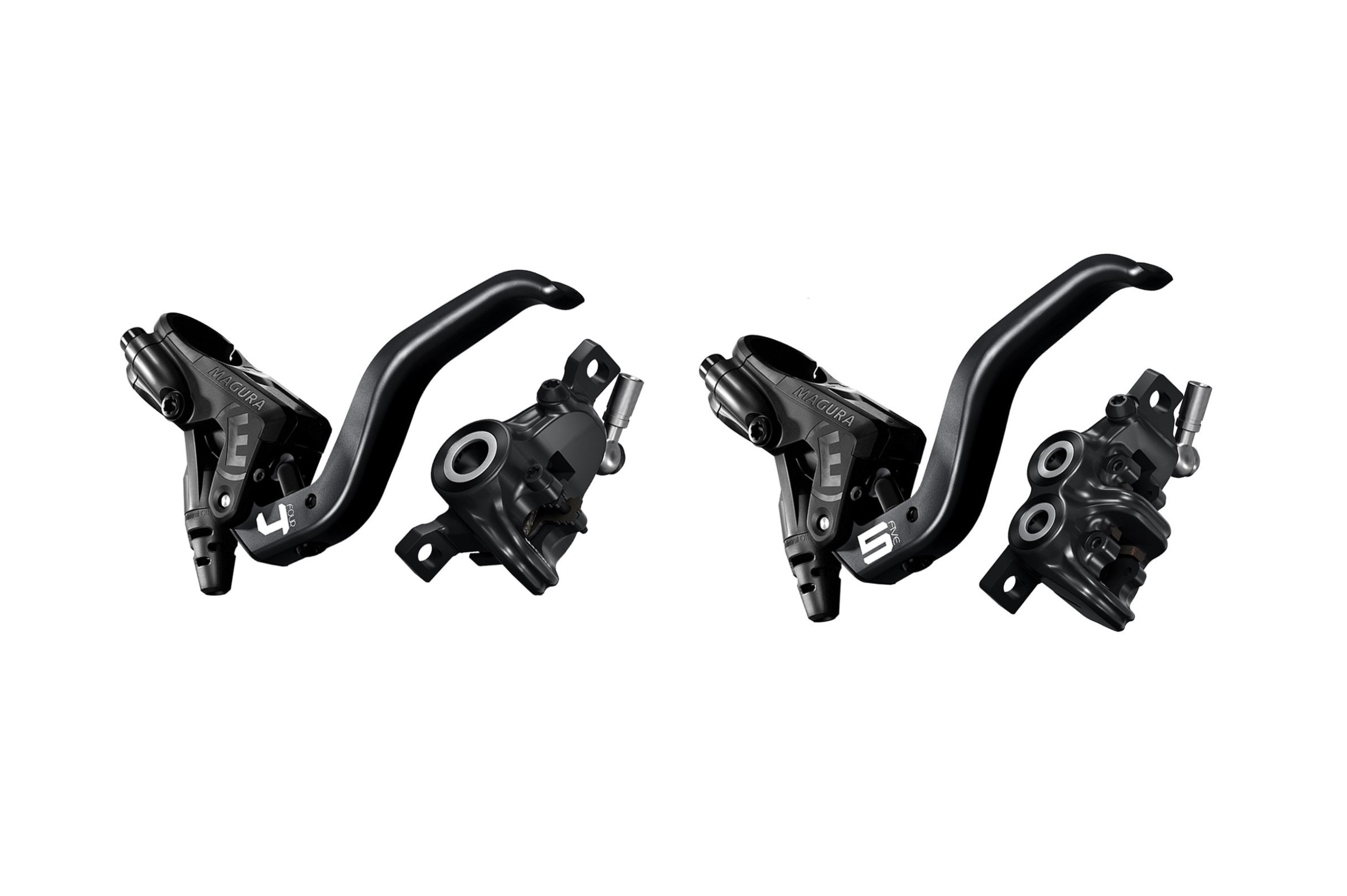 A set of black bicycle handlebar and brake components with white and gray accents, arranged in a row against a white background.