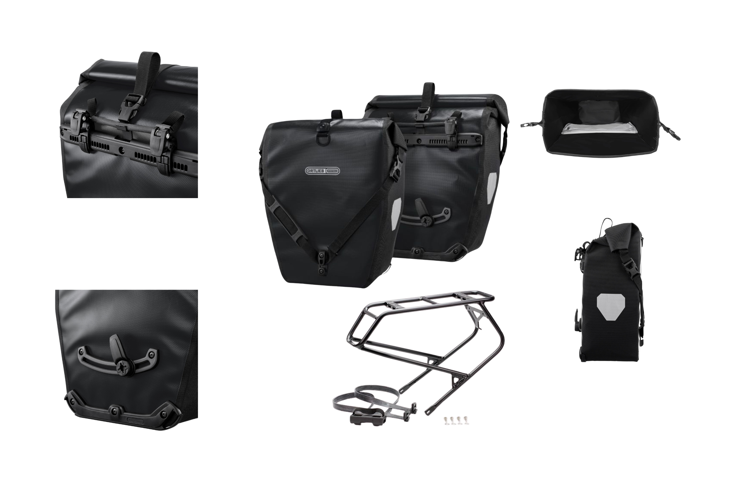 Set of black bicycle pannier bags, a bike rack, and accessories for mounting and securing the bags to a bicycle.