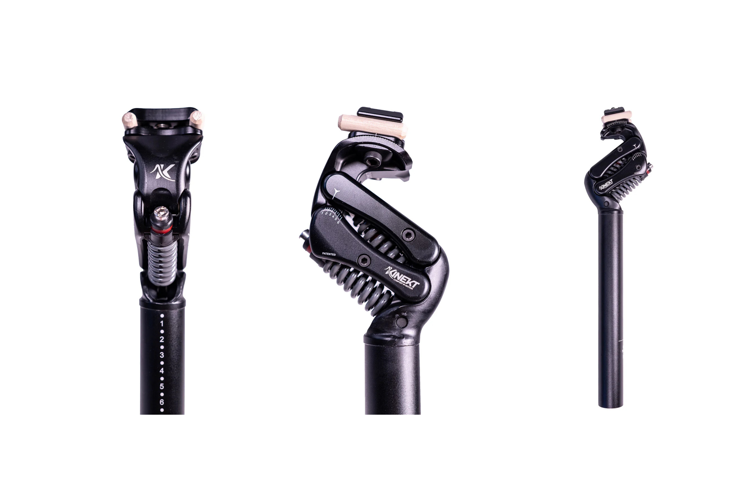 Three bicycle dropper seatposts with adjustable mechanisms and different handlebars, isolated on a white background.