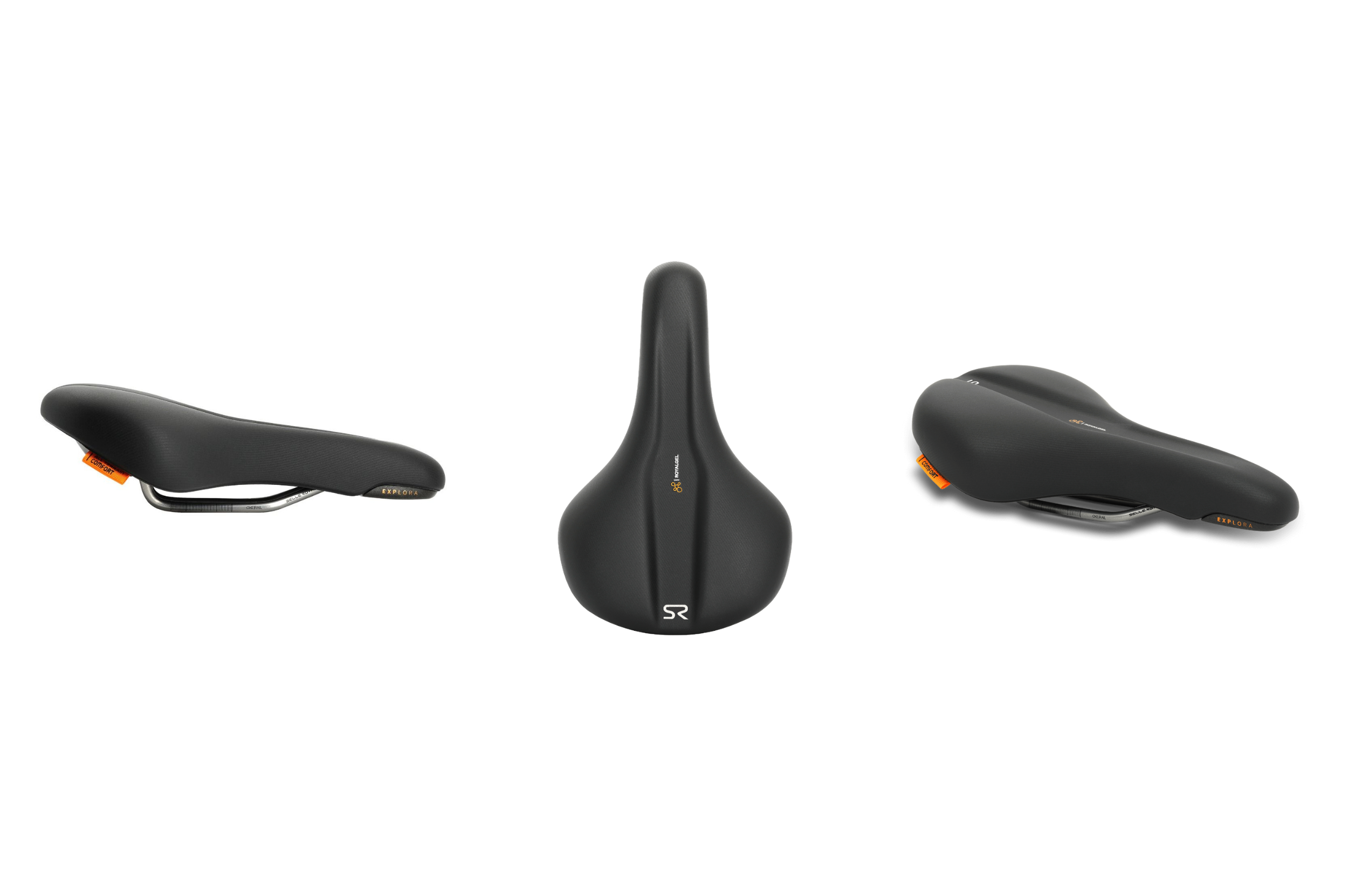 A black bicycle saddle viewed from the side and top, with the brand labels 'Explore' and 'SR' visible.