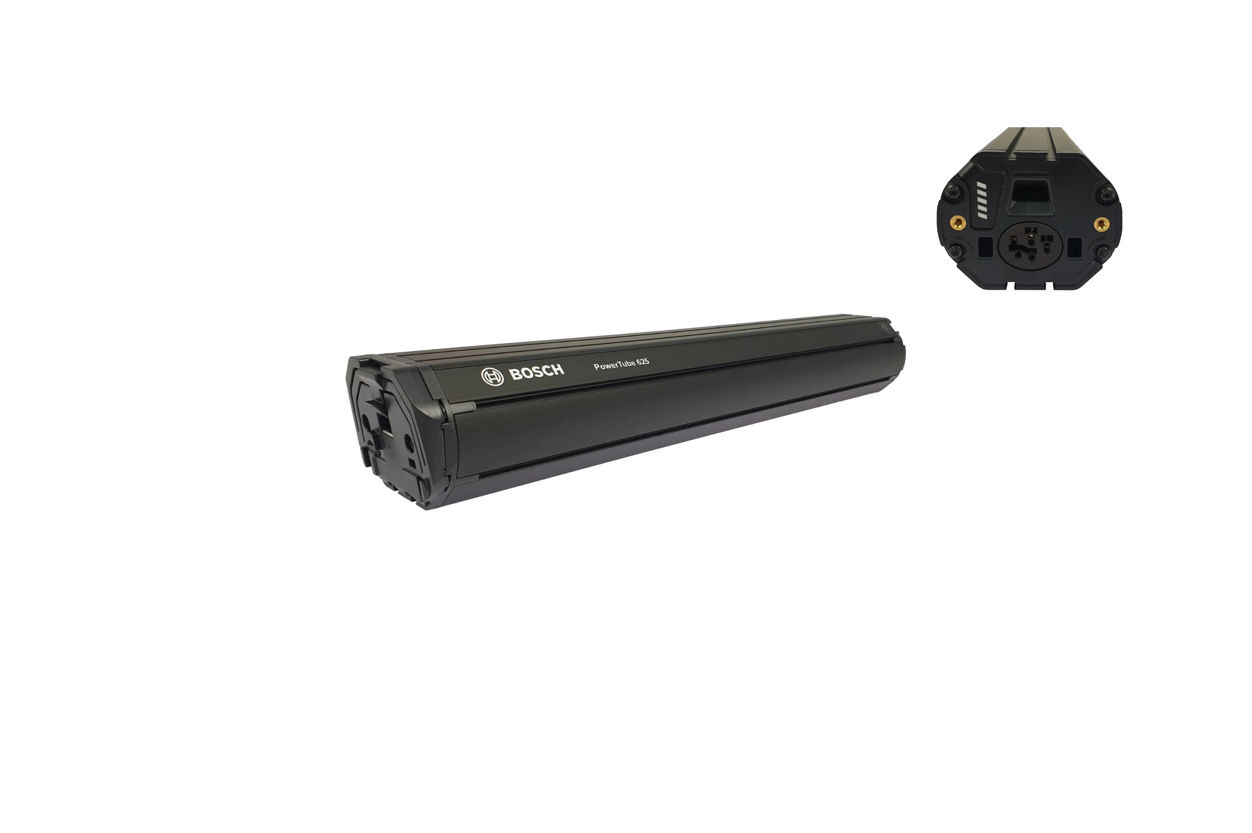 A black Bosch PowerTube 625 rechargeable battery with a connector end, shown from the side against a plain white background.