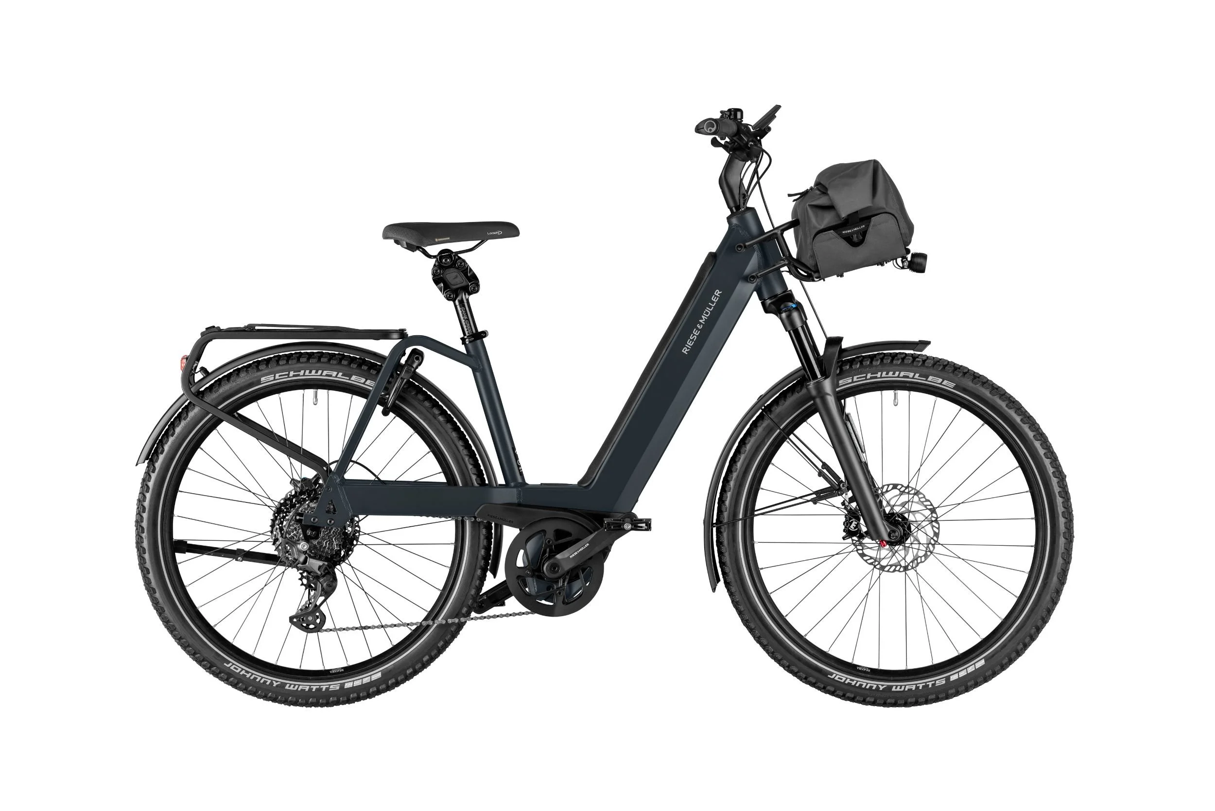 A modern black electric bicycle with front suspension, large tires, and a cargo bag mounted on the front.