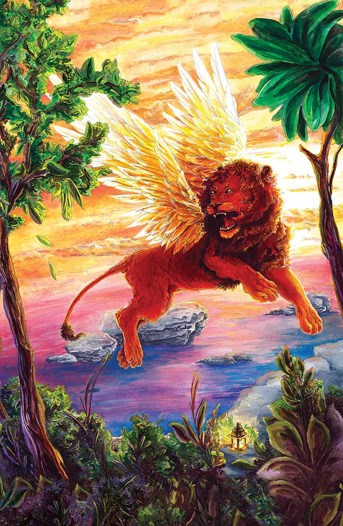 Solamir_Summer Lion _magic_magical_creature_mythology_Corinne Hansen_Sorhain_fantasy_art_landscape_acrylic_painting_illustration_winged_lion