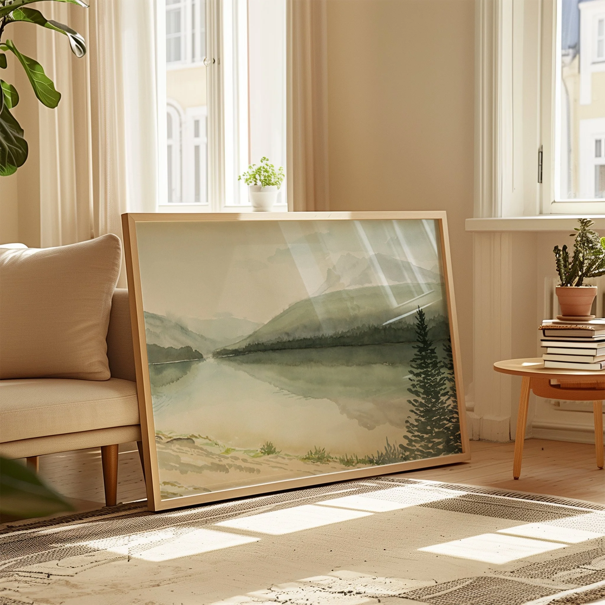 Banff National Park spring reflections watercolor landscape wall art print inspired by Spring in the Canadian Rocky Mountains. Soft, serene, tranquil nature giclee art in a living room