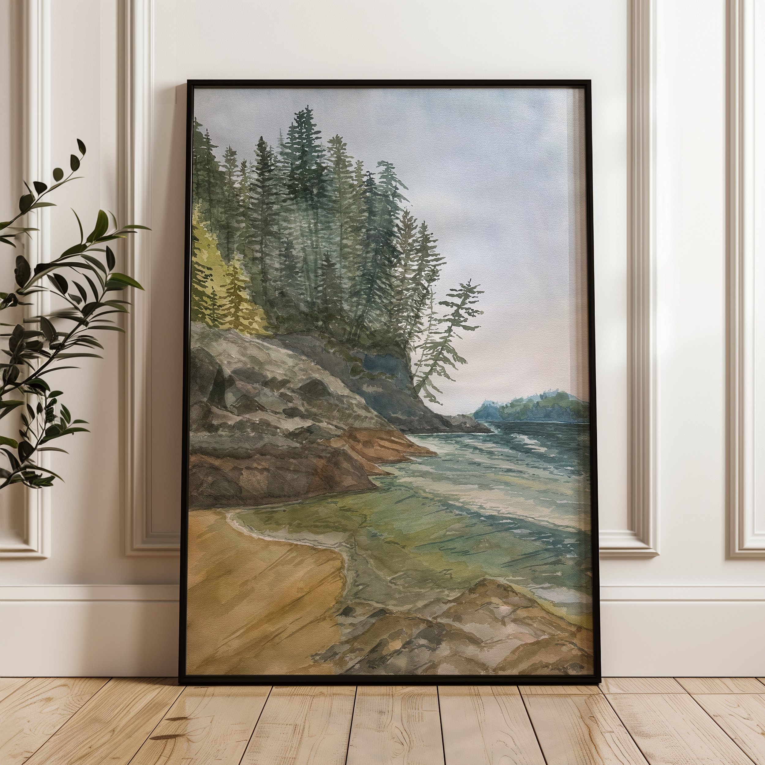 Original coastal watercolor landscape painting of Tonquin beach in Tofino, BC