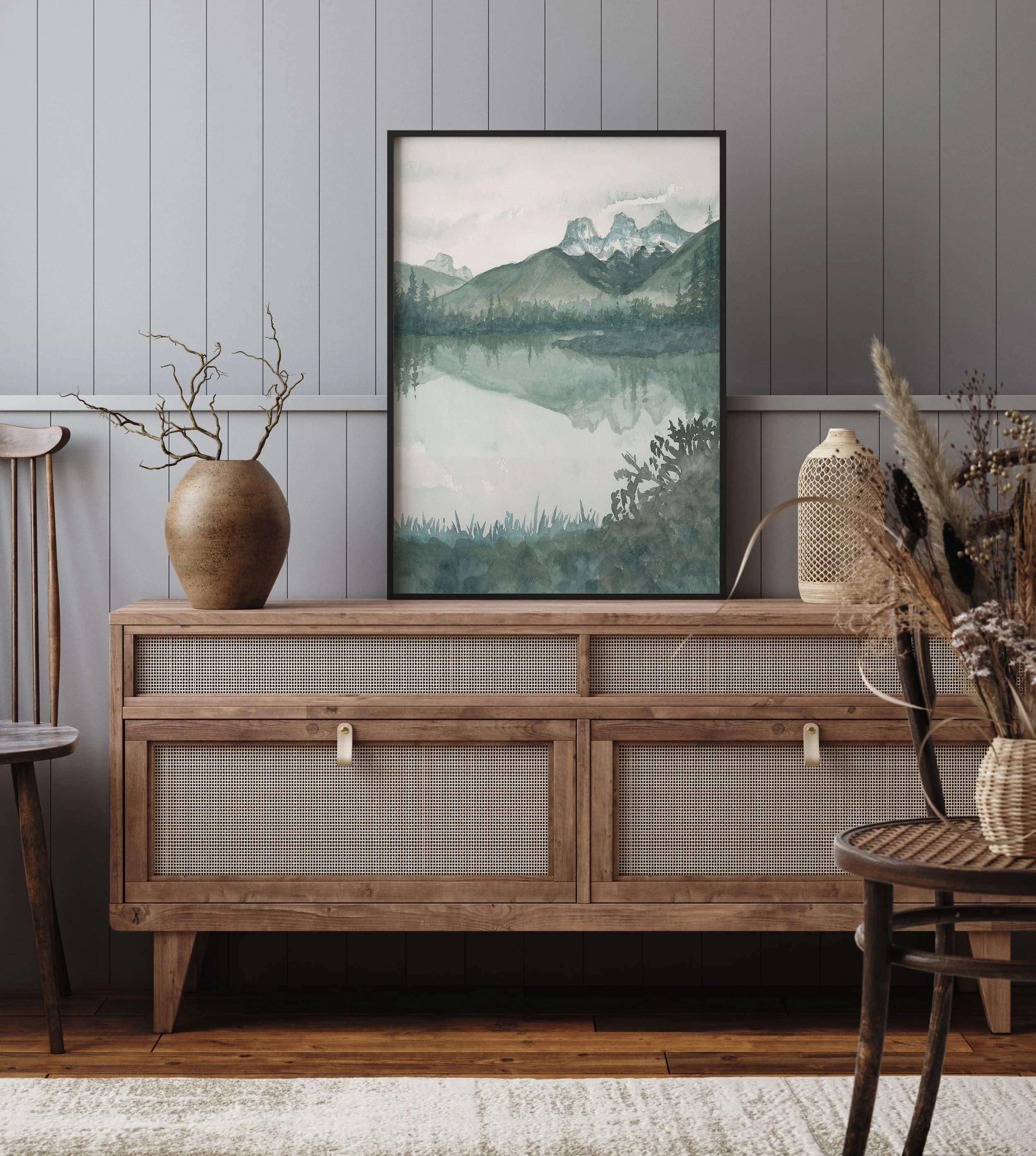 Three Sisters mountain, Canmore watercolor landscape wall art print. Mountain lake reflection giclee in Alberta, Canadian Rockies in farmhouse decor