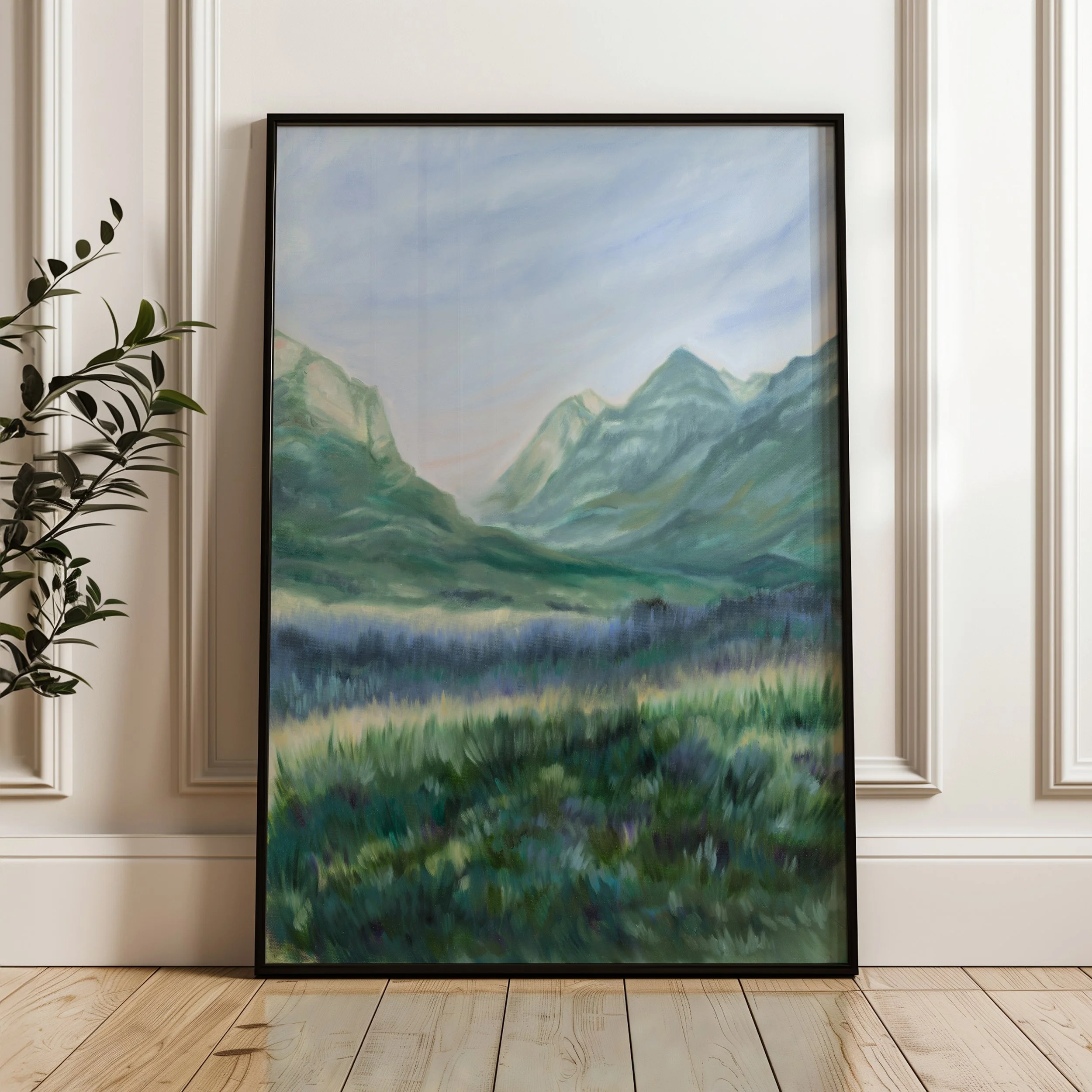 Waterton National Park mountain landscape wall art print inspired by the lush meadows and towering mountain peaks in Waterton, Alberta in a black frame
