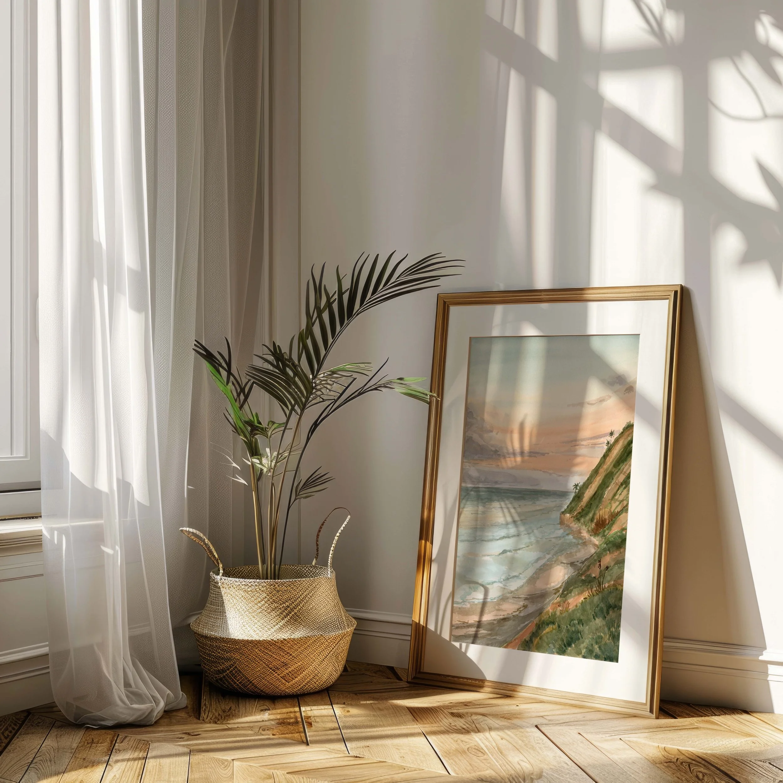 Leucadia Beach, San Diego coastal watercolor landscape wall art print. California sunset seascape ocean giclee artwork hanging in a sunny corner