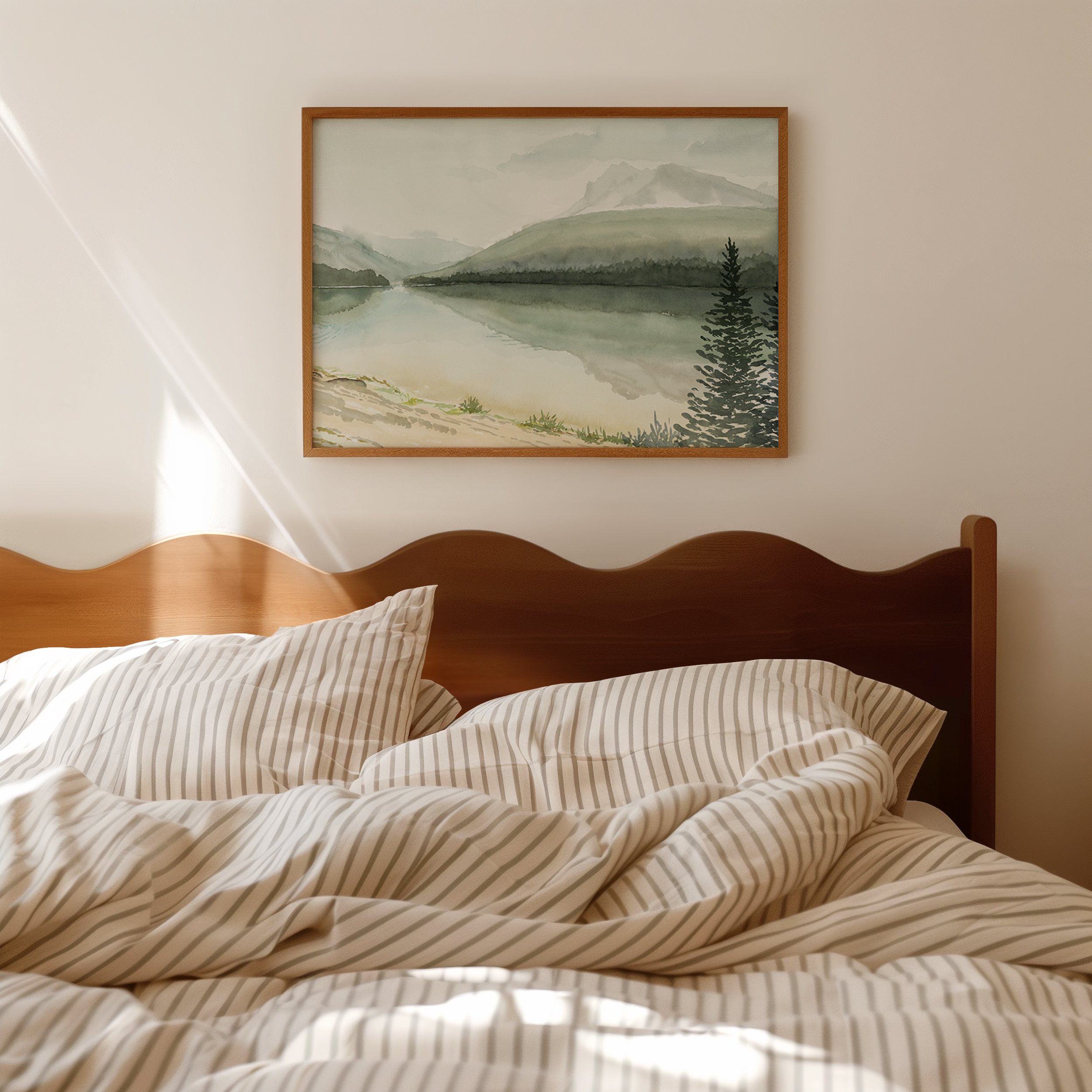 Banff National Park spring reflections watercolor landscape wall art print inspired by Spring in the Canadian Rocky Mountains. Soft, serene, tranquil nature giclee art hanging above a bed