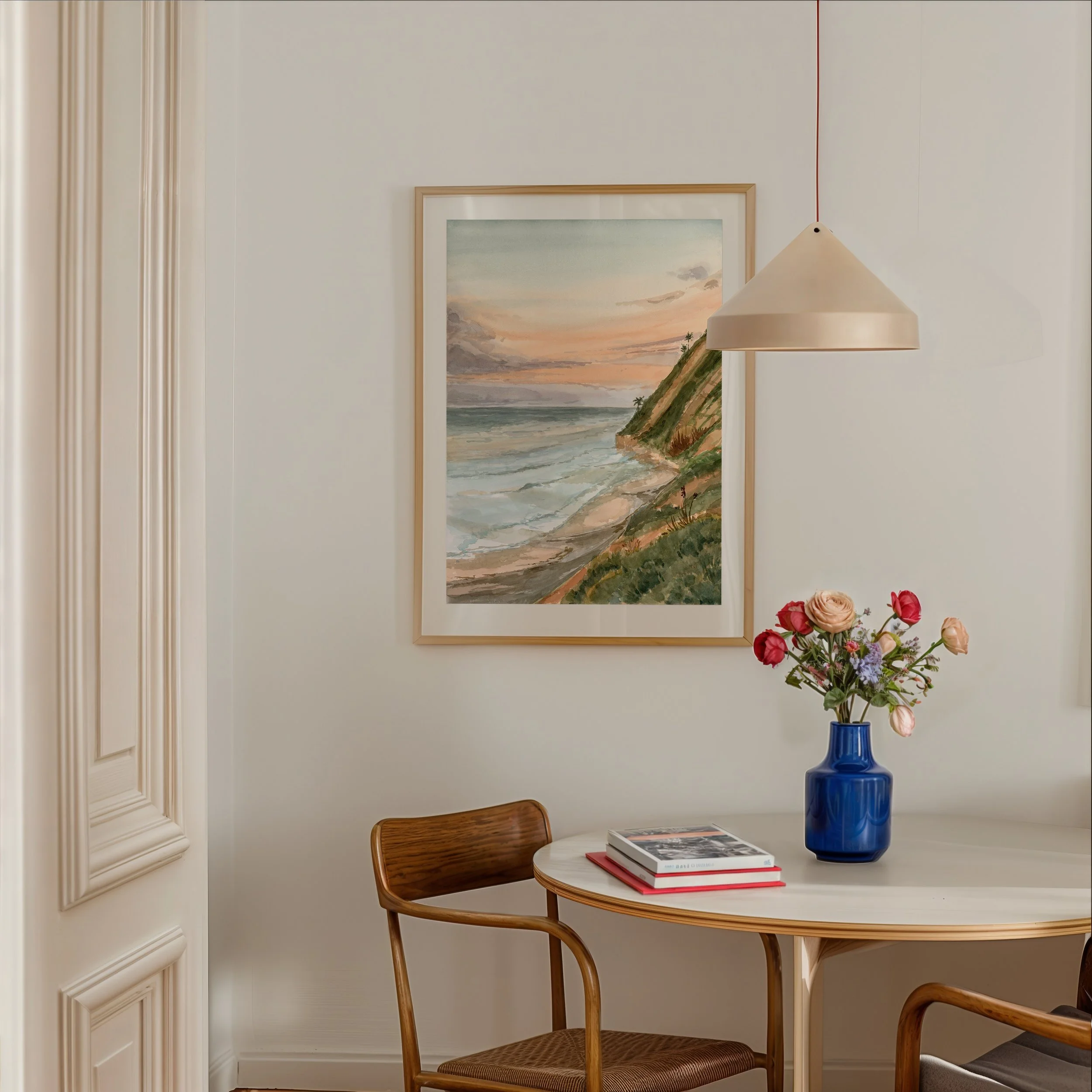 Leucadia Beach, San Diego coastal watercolor landscape wall art print. California sunset seascape ocean giclee artwork hanging in a dining room