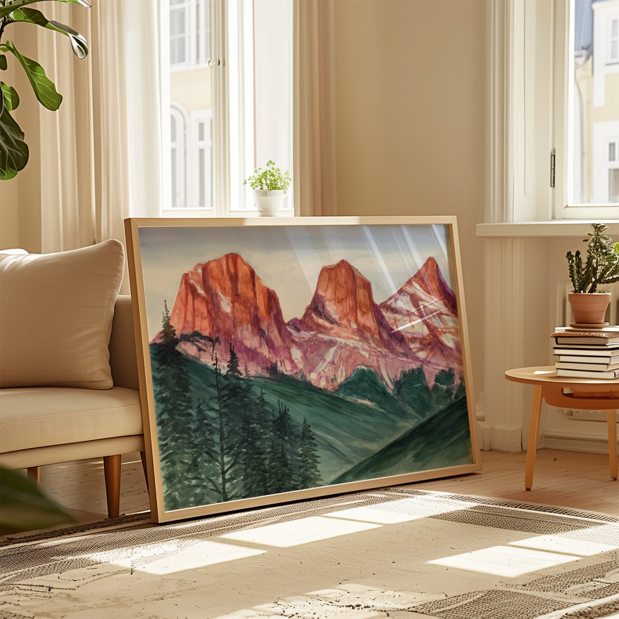 Three Sisters, Canmore Alberta, Banff Mountain landscape at sunset with vibrant colours on mountain peaks hanging in a living room