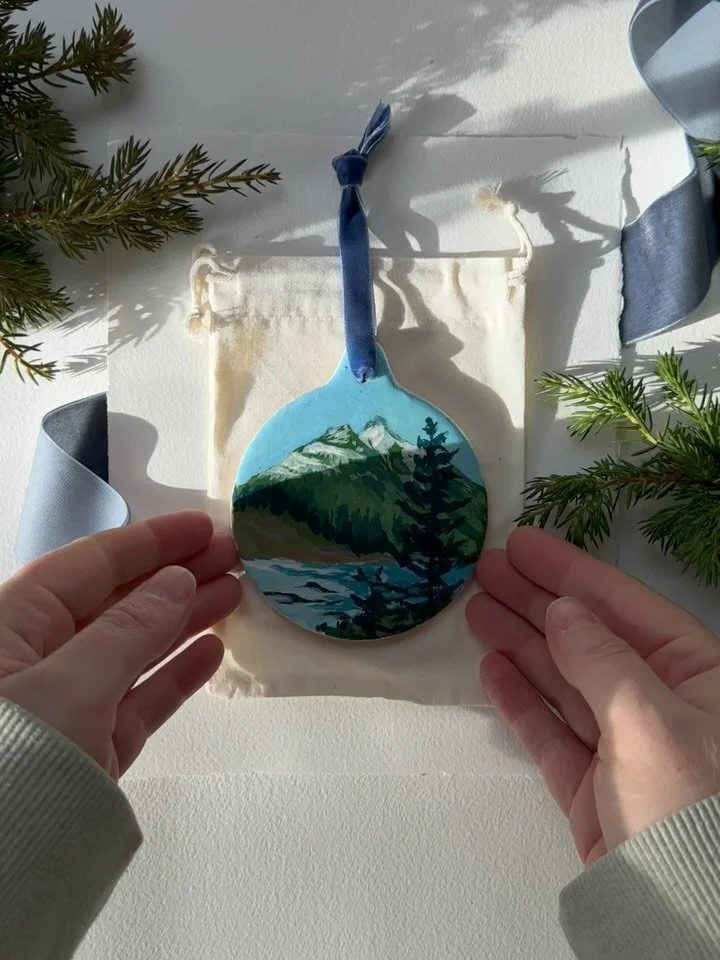 I wanted to share a selection of all of the ornaments I have available on my website. I have beaches and mountains and a couple bobbles left for you to shop. They&rsquo;re all hand painted on ceramic and come with a beautiful velvet ribbon.

I love t