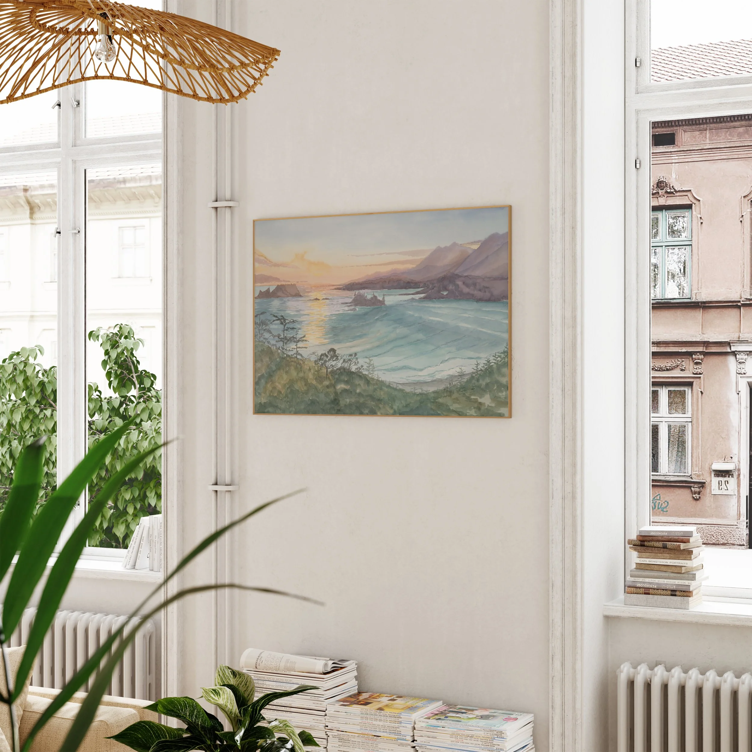 Cox Bay Lookout Coastal watercolor landscape print inspired by Tofino BC hanging in a european apartment