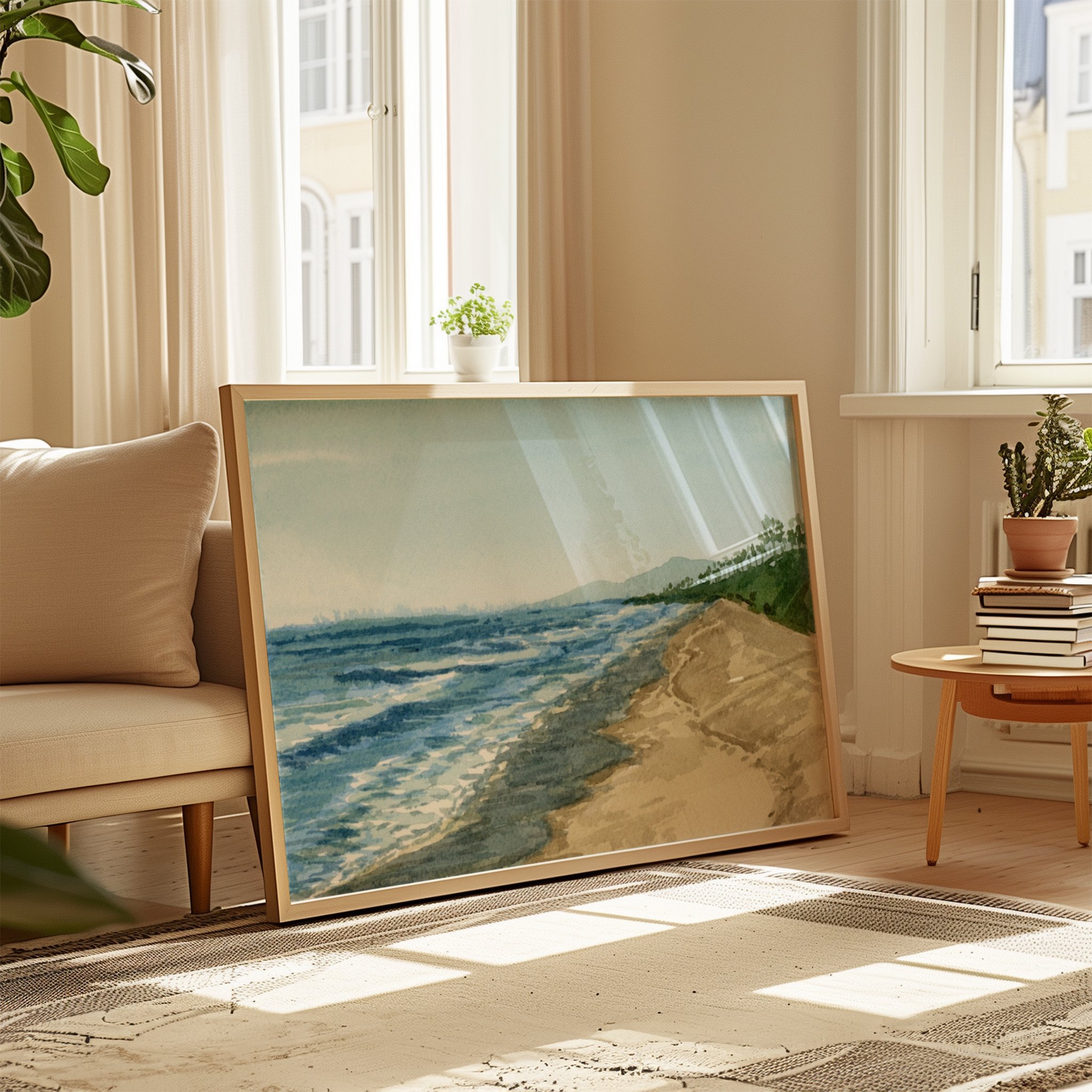 Tamarack Beach, Carlsbad coastal watercolor landscape wall art print inspired by the vibrant blue Pacific Ocean off Southern California's coastline in a living room