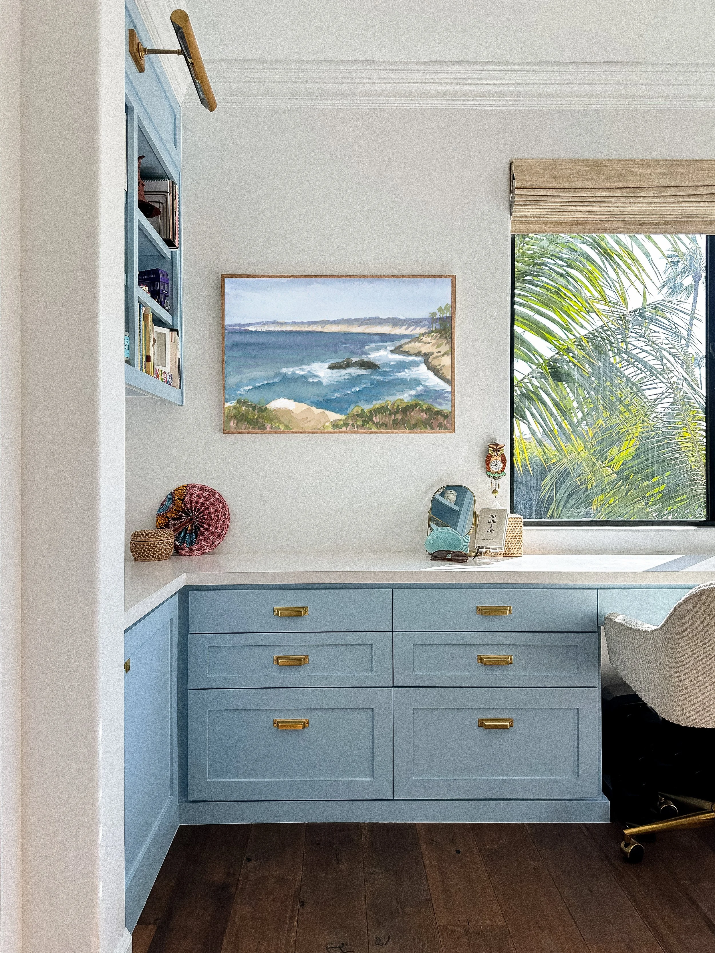 La Jolla, California coastal watercolor landscape wall art print. San Diego cliffside beach giclee fine art hanging in an office