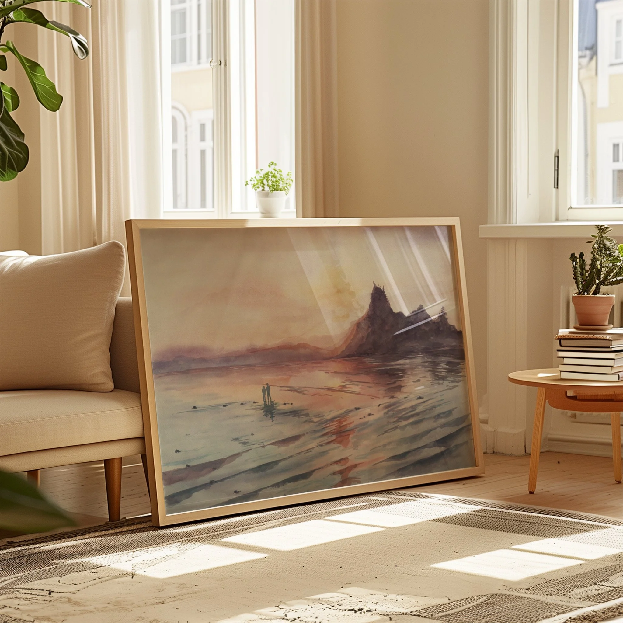 Coastal watercolor landscape painting inspired by a pink sunset during low tide in Tofino, BC.