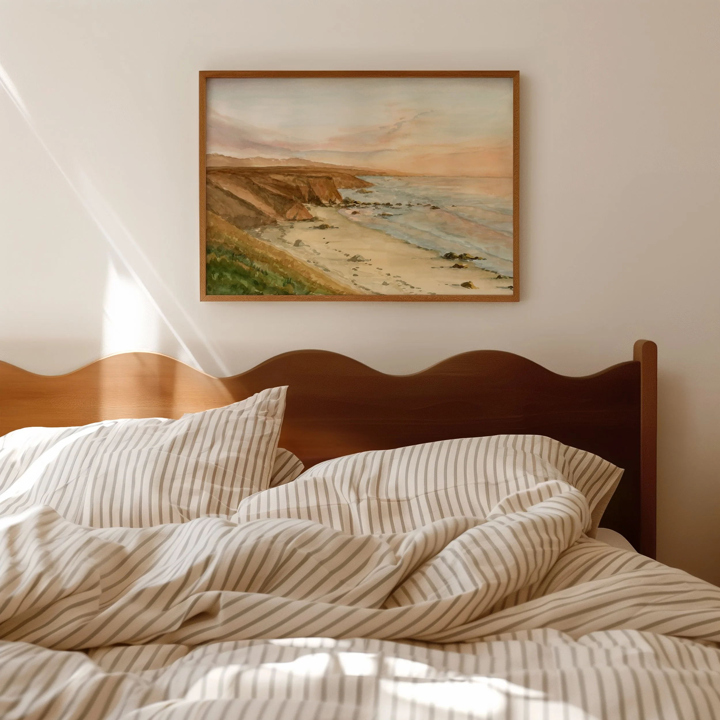 Big Sur watercolor landscape coastal wall art print of a beach golden hour sunset on the coast Pacific Ocean in a bedroom