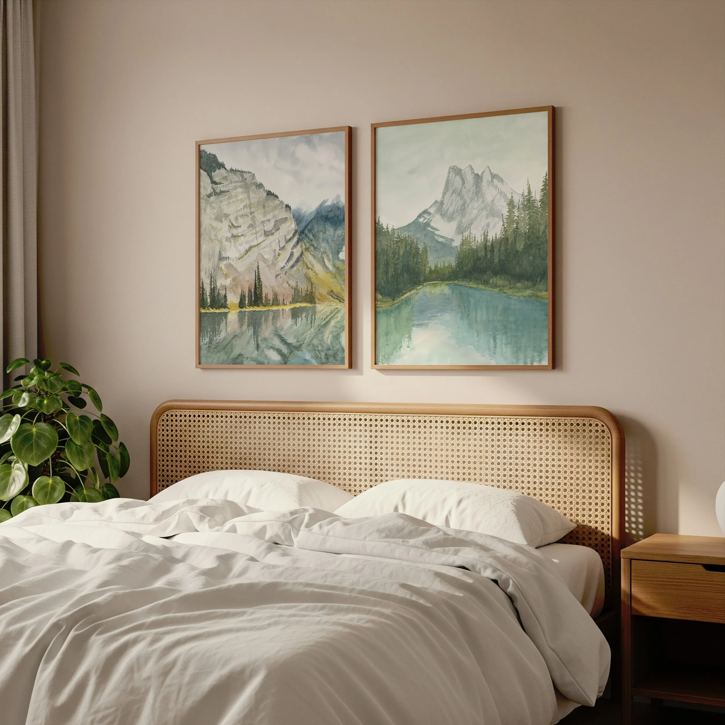 Rocky Mountain watercolor landscape art Print Pair including kananaskis and emerald lake mountains hanging above a bed