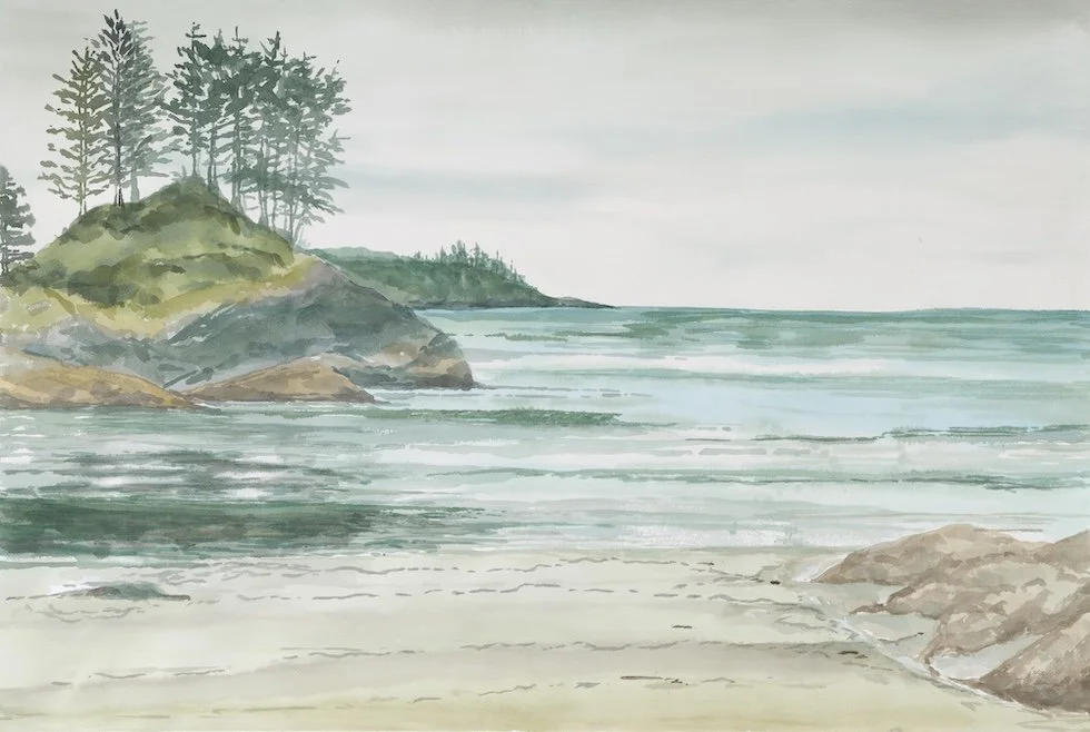 Detail of Chesterman Beach, Tofino, Vancouver Island coastal watercolor landscape painting of fog rolling off the coast